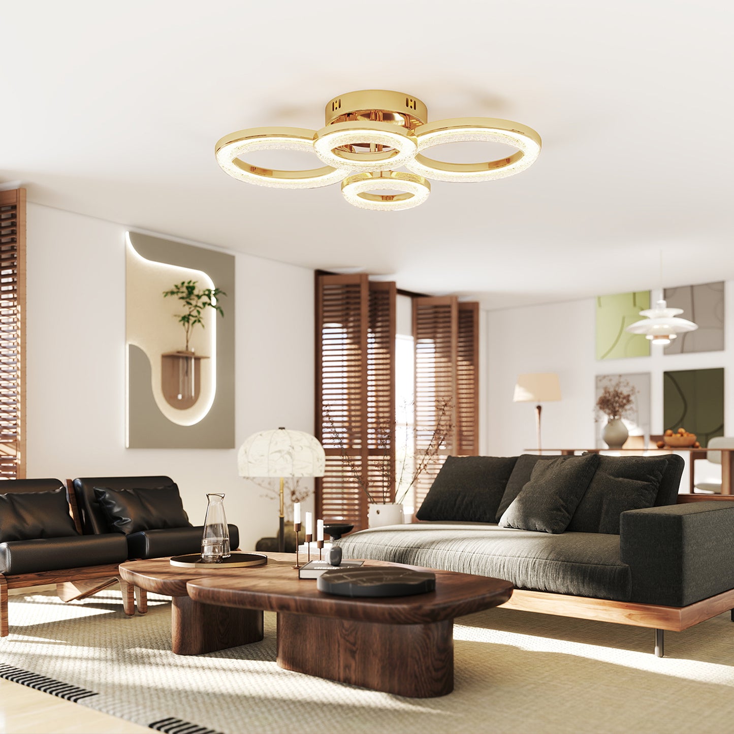 HOMCOM LED Ceiling Light, Modern 4 Rings, 40W 4350lm, Wall Switch Control, 3500K/4500K/6000K for Living Room, Bedroom, Gold Tone