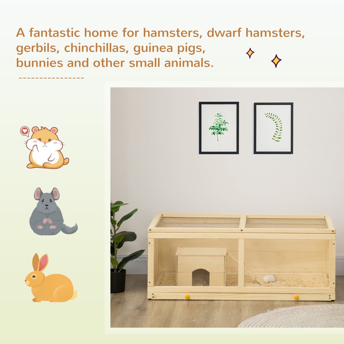 PawHut Wooden Hamster Cage with Sliding Tray, Openable Top, Hut for Syrian Hamster, Natural Wood Finish