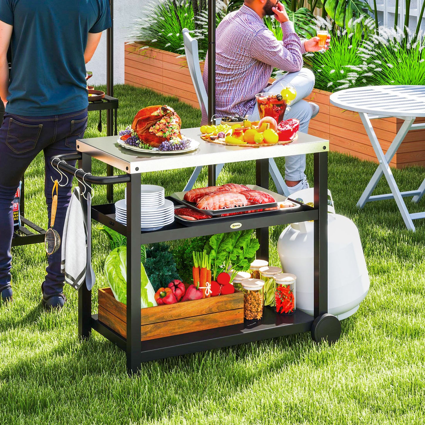 Outsunny Outdoor Grill Dining Cart, 3-Shelf Pizza Oven Table with Stainless Steel Top, Portable BBQ Trolley with Wheels, Charcoal Grey