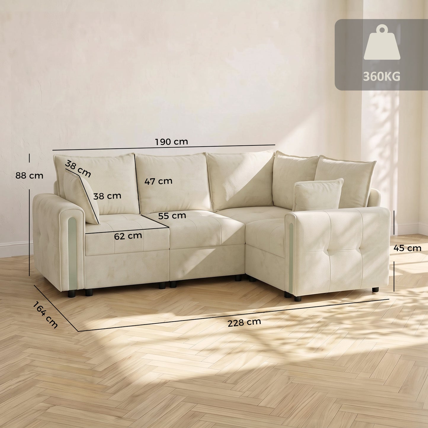 HOMCOM 228cm L Shaped Sofa with Lift-Up Storage, 3-Seater Sectional Sofa with Wide Deep Seat, Beige