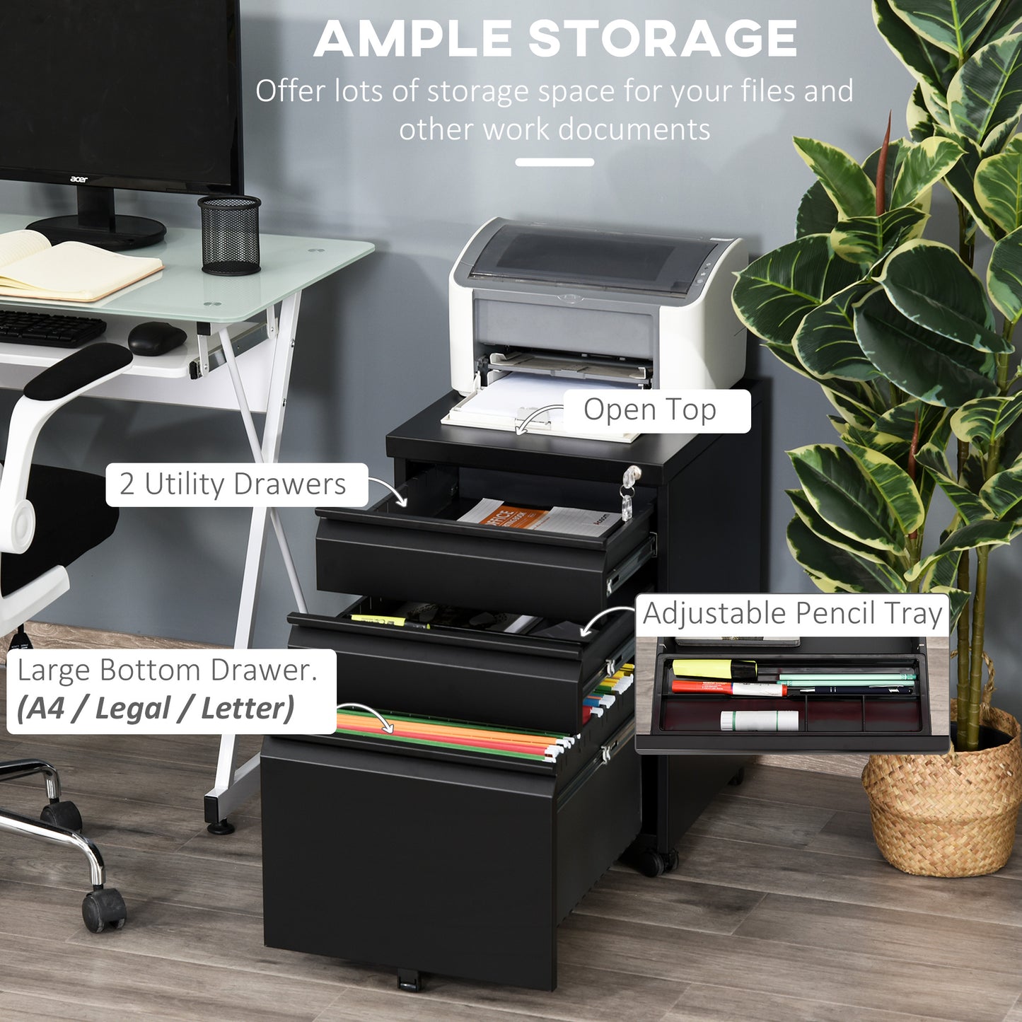 Vinsetto Mobile Vertical File Cabinet Lockable Metal Filling Cabinet with 3 Drawers Anti-tilt Design for Letter A4 Legal Size Fully Assembled Except Casters Black