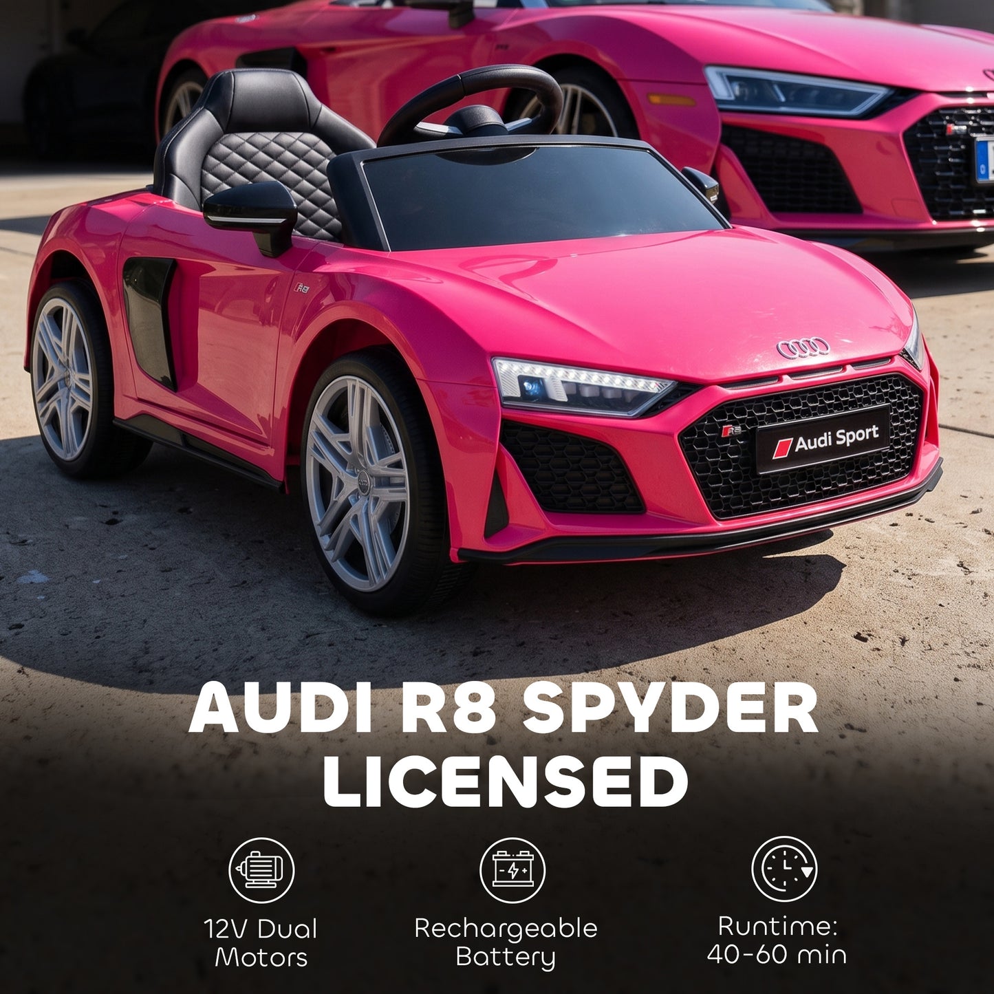 AIYAPLAY Licensed Audi R8 Spyder 12V Electric Car for Kids with Remote Control, Dual Motors, Rear Suspension, Soft Start, Pink