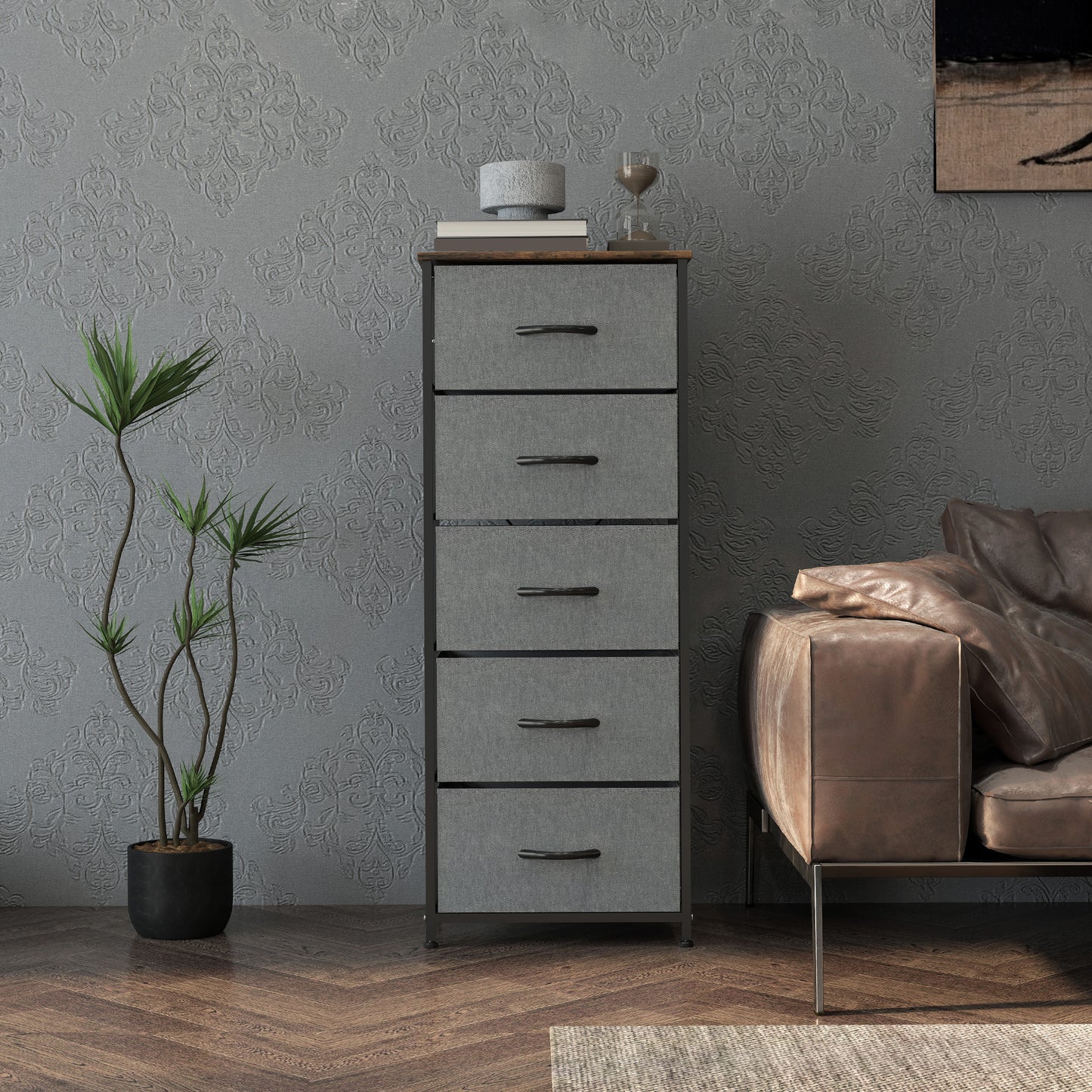 HOMCOM Industrial Fabric Chest of Drawers with 5 Fabric Drawers, Steel Frame, Wooden Top for Bedroom, Nursery, Hallway - Rustic Brown and Grey