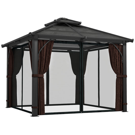 Outsunny 3x3m Hardtop Gazebo with 7mm Double Polycarbonate Roof, Mosquito Netting & Curtains, Brown