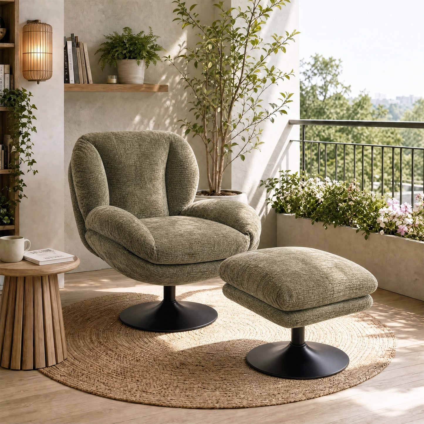HOMCOM Modern Chenille Lazy Chair with Ottoman, 360° Swivel, Upholstered Reading Seat Set for Living Room, Dark Green