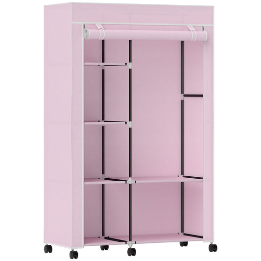 HOMCOM Fabric Wardrobe, Portable Wardrobe with 6 Shelves, 1 Hanging Rail, Pink