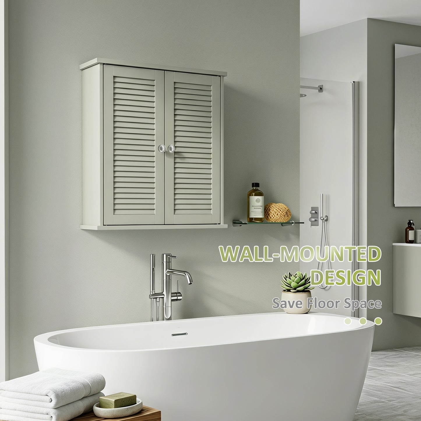 HOMCOM Bathroom Cabinet, Bathroom Wall Cabinet with Louvered Doors and Adjustable Shelf Storage for Kitchen, Light Green