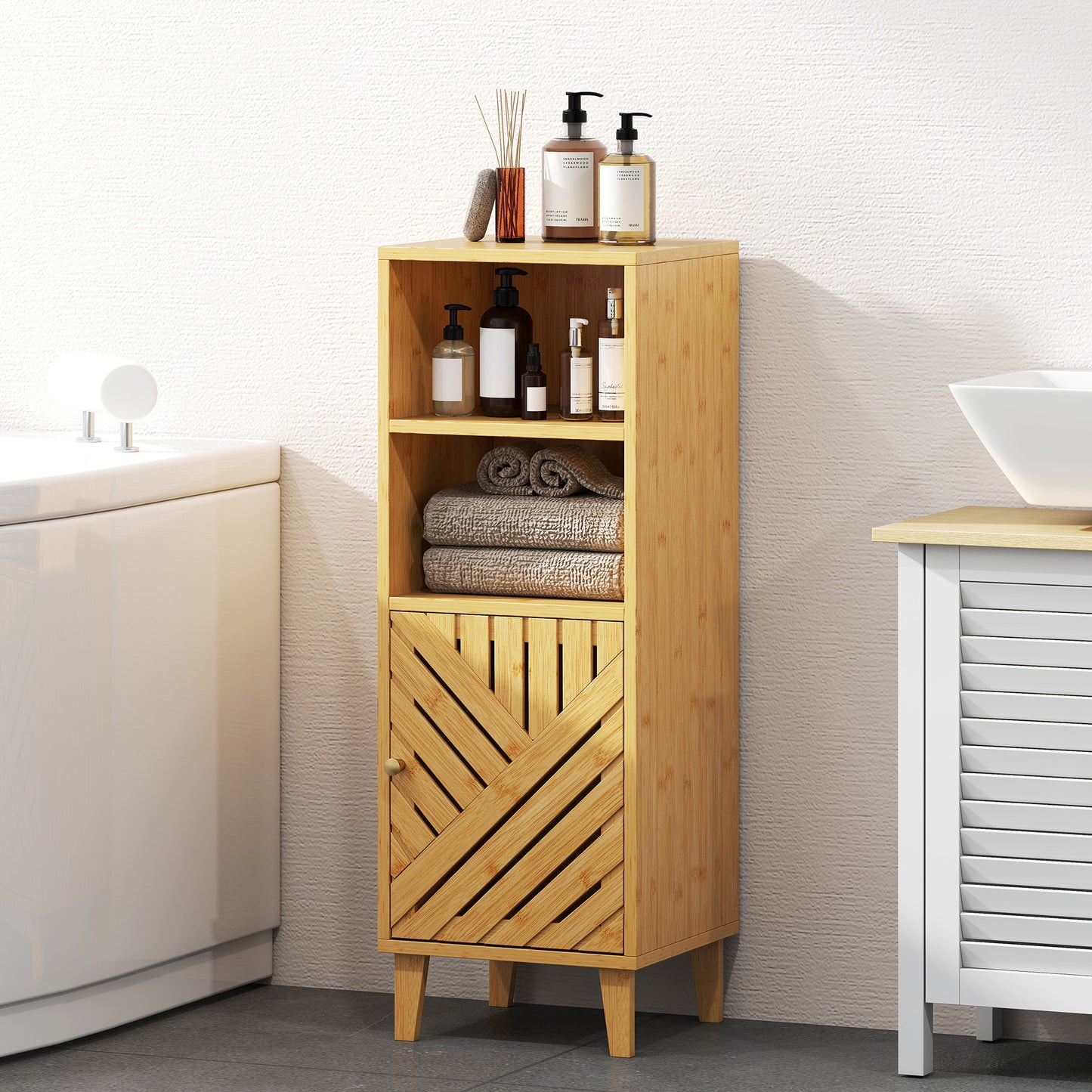 HOMCOM Slim Bathroom Cabinet, Narrow Freestanding Storage Cupboard with Bamboo Door and Legs, Open Compartments, Natural Wood Finish.