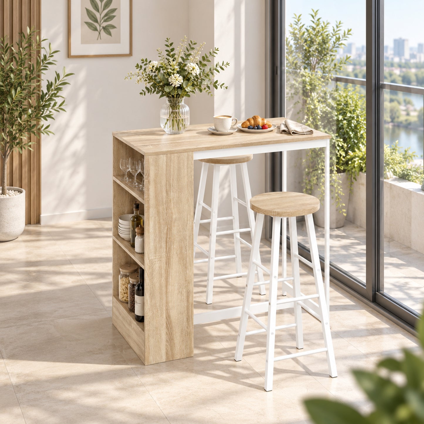 HOMCOM Breakfast Bar Table and Stools Set with 3 Tier Storage Shelves, Footrest and Metal Frame, 91 cm, Oak