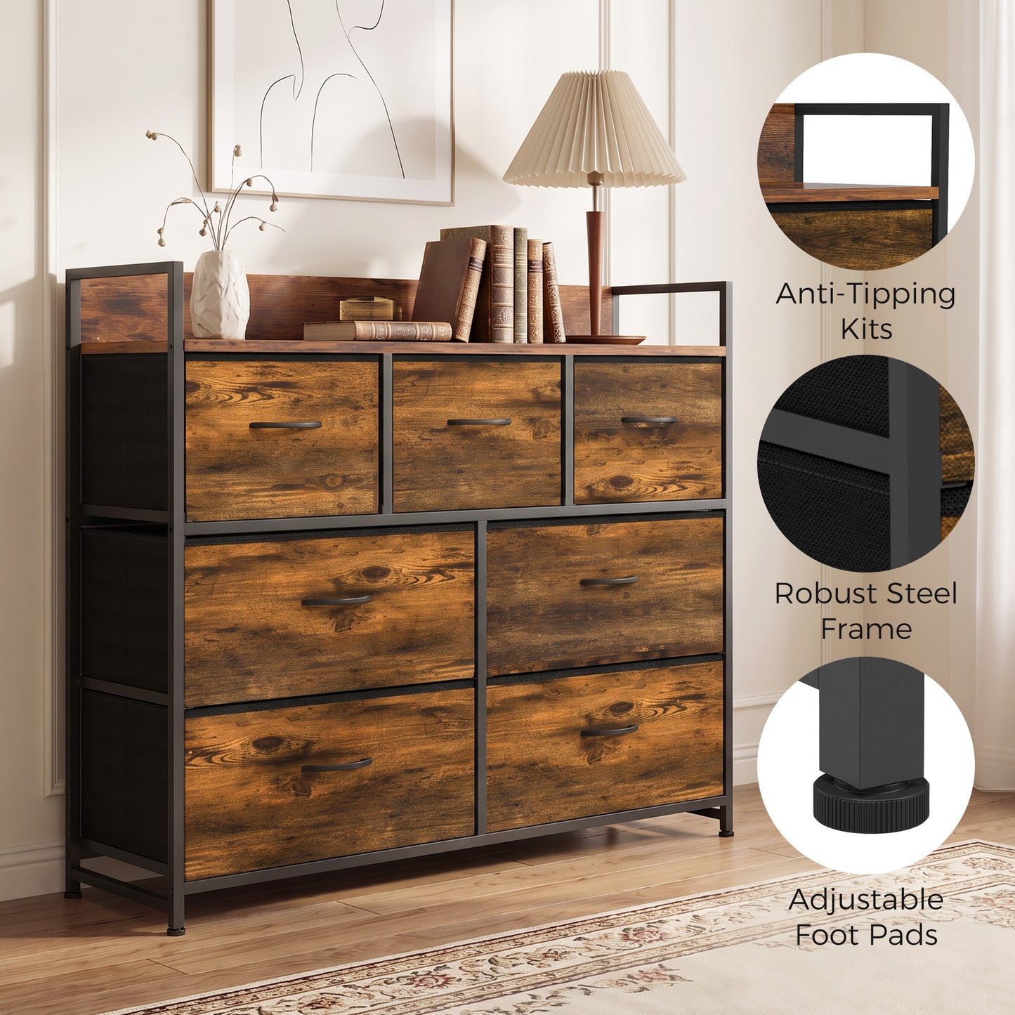 HOMCOM Chest of Drawers with 7 Drawers, Industrial Fabric Storage Unit with Top Shelf and Steel Frame for Bedroom, Rustic Brown