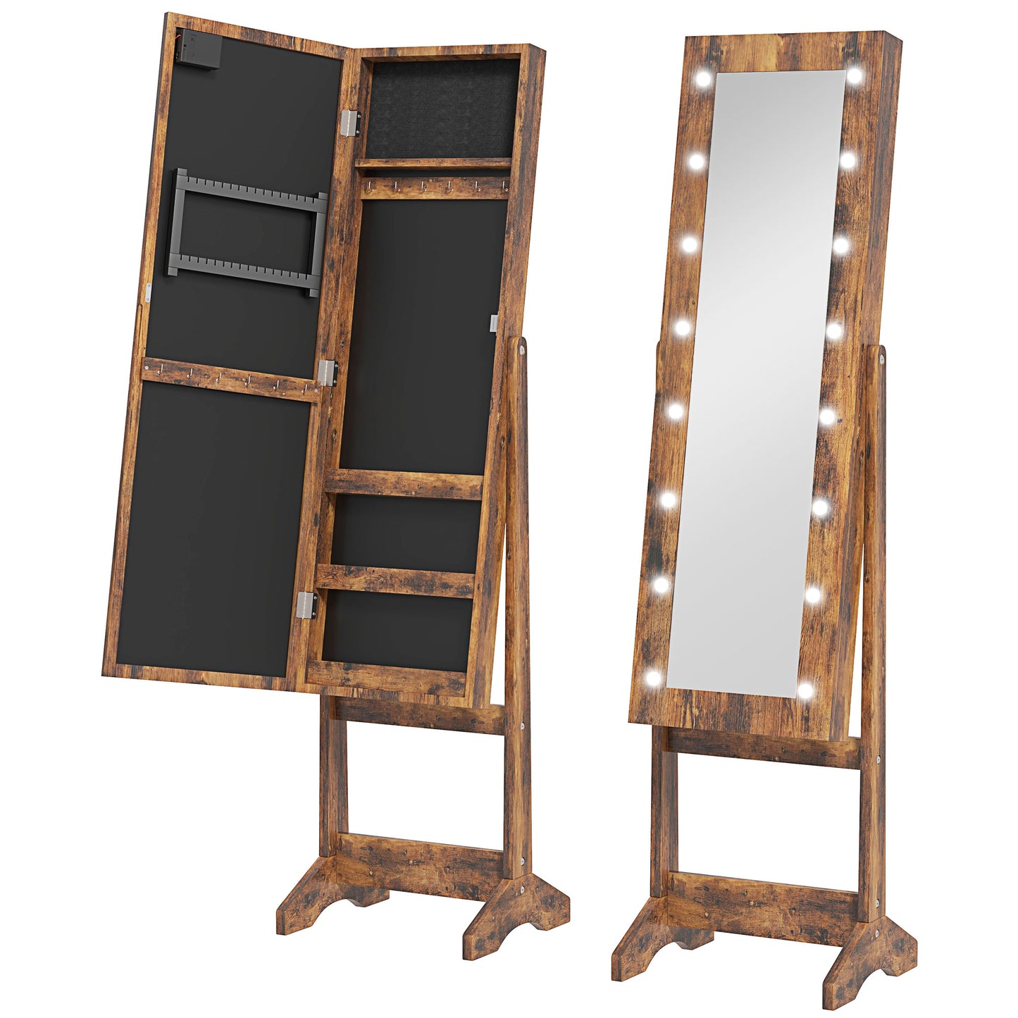 HOMCOM Freestanding Mirror Jewelry Cabinet with LED Lights, Adjustable Organizer for Earrings, Necklaces, Rings, and Lipsticks, Rustic Brown