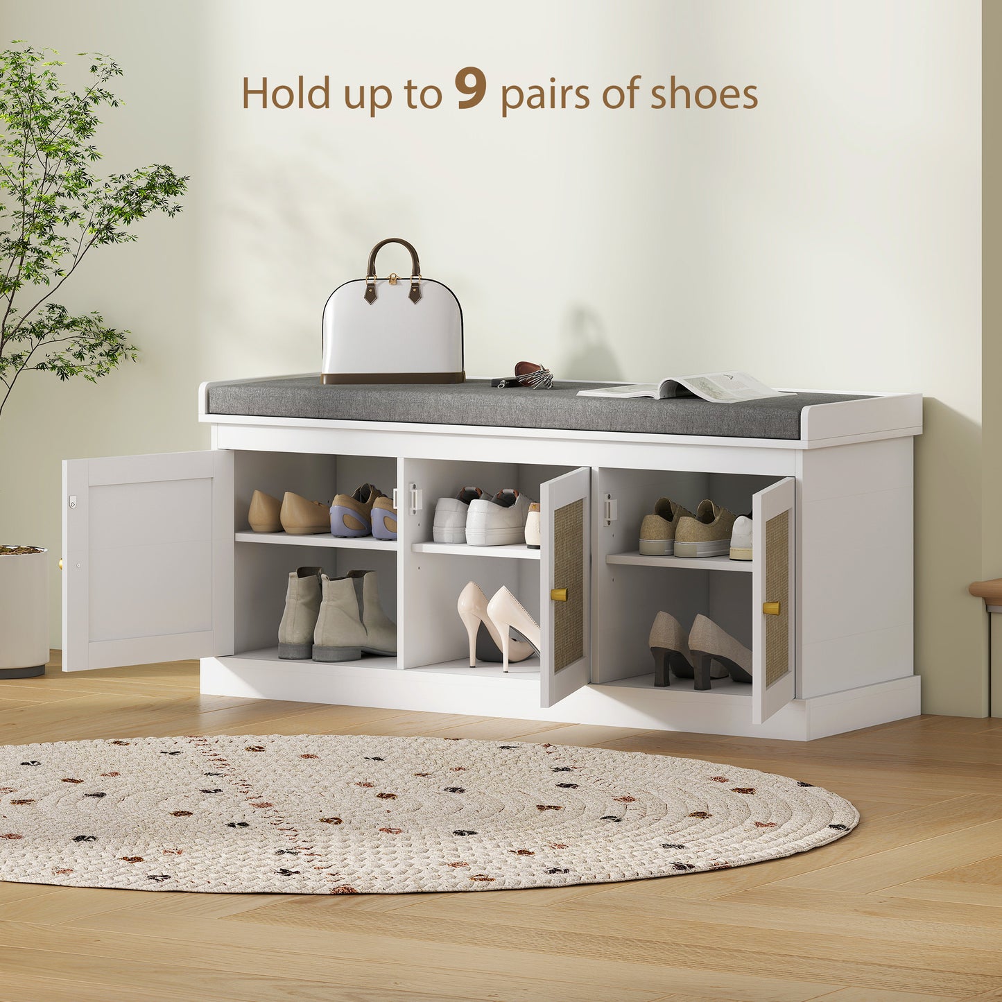 HOMCOM Shoe Storage Bench with Woven Rattan Doors, Seat - White