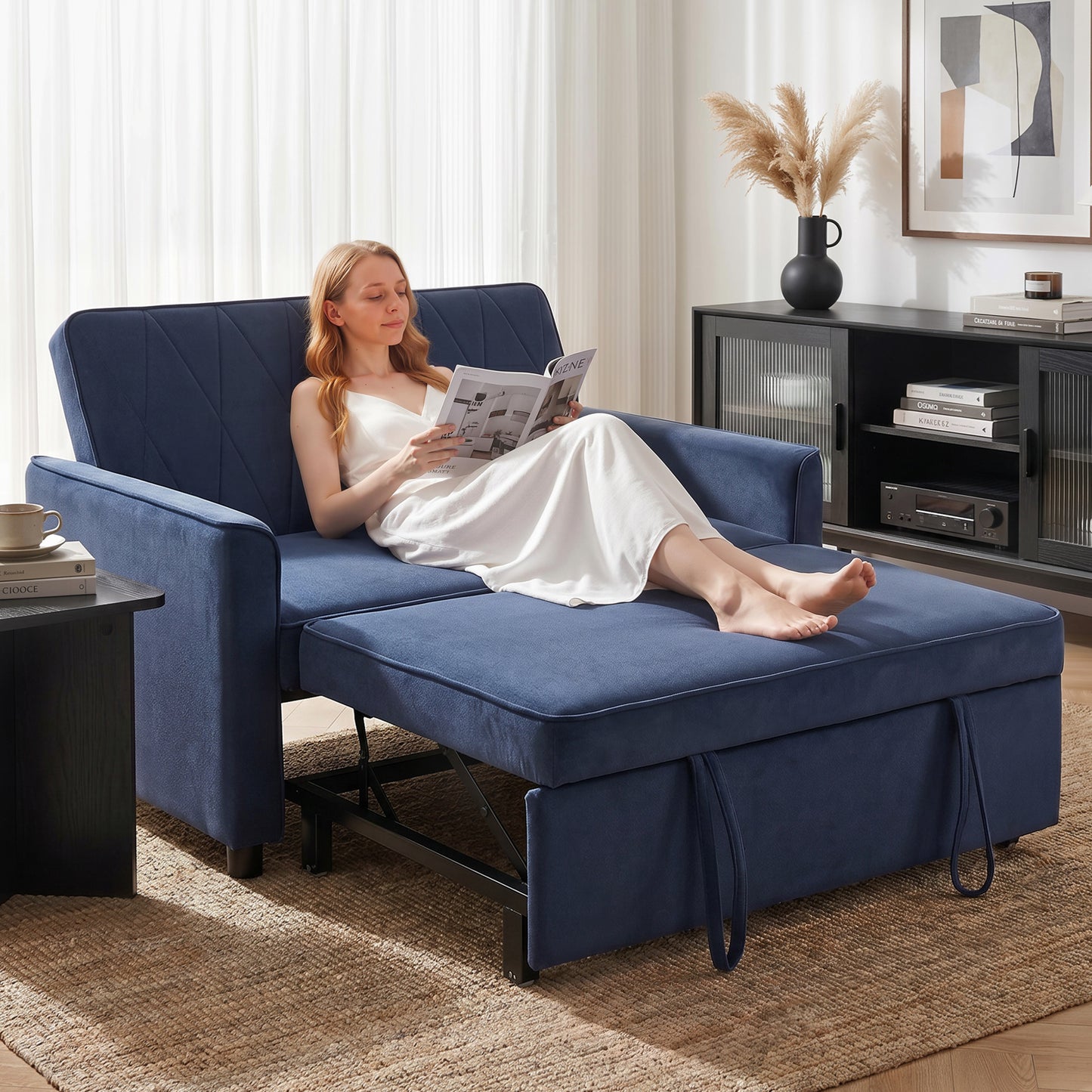 HOMCOM 2 Seater Sofa Bed, 3-in-1 Convertible Pull Out Sleeper Sofa with Click-Clack Adjustable Backrest, Dark Blue