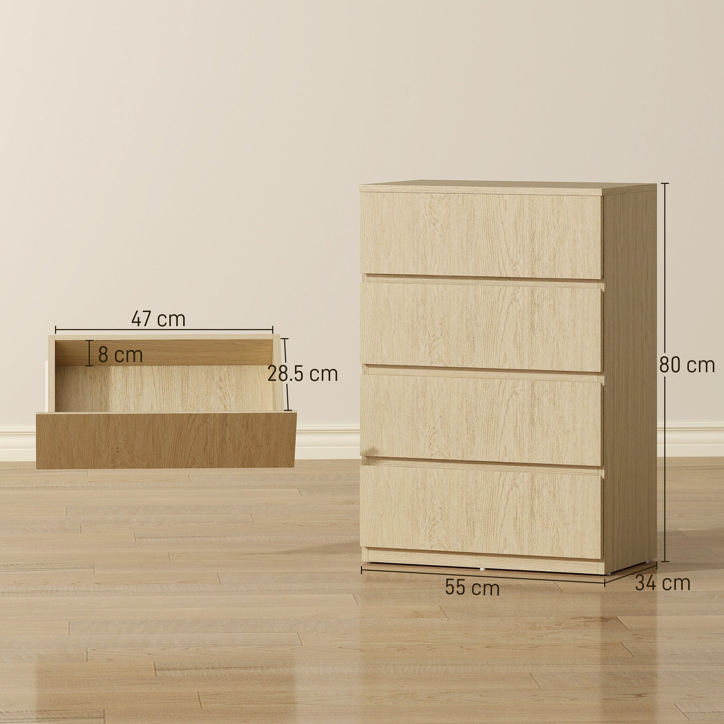 HOMCOM Chest of Drawers, 4-Drawer Storage Cabinets, Storage Drawer Unit for Bedroom