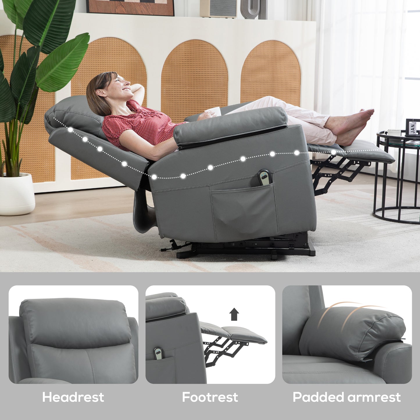HOMCOM Faux Leather 70° Electric Riser Recliner Chair - Grey