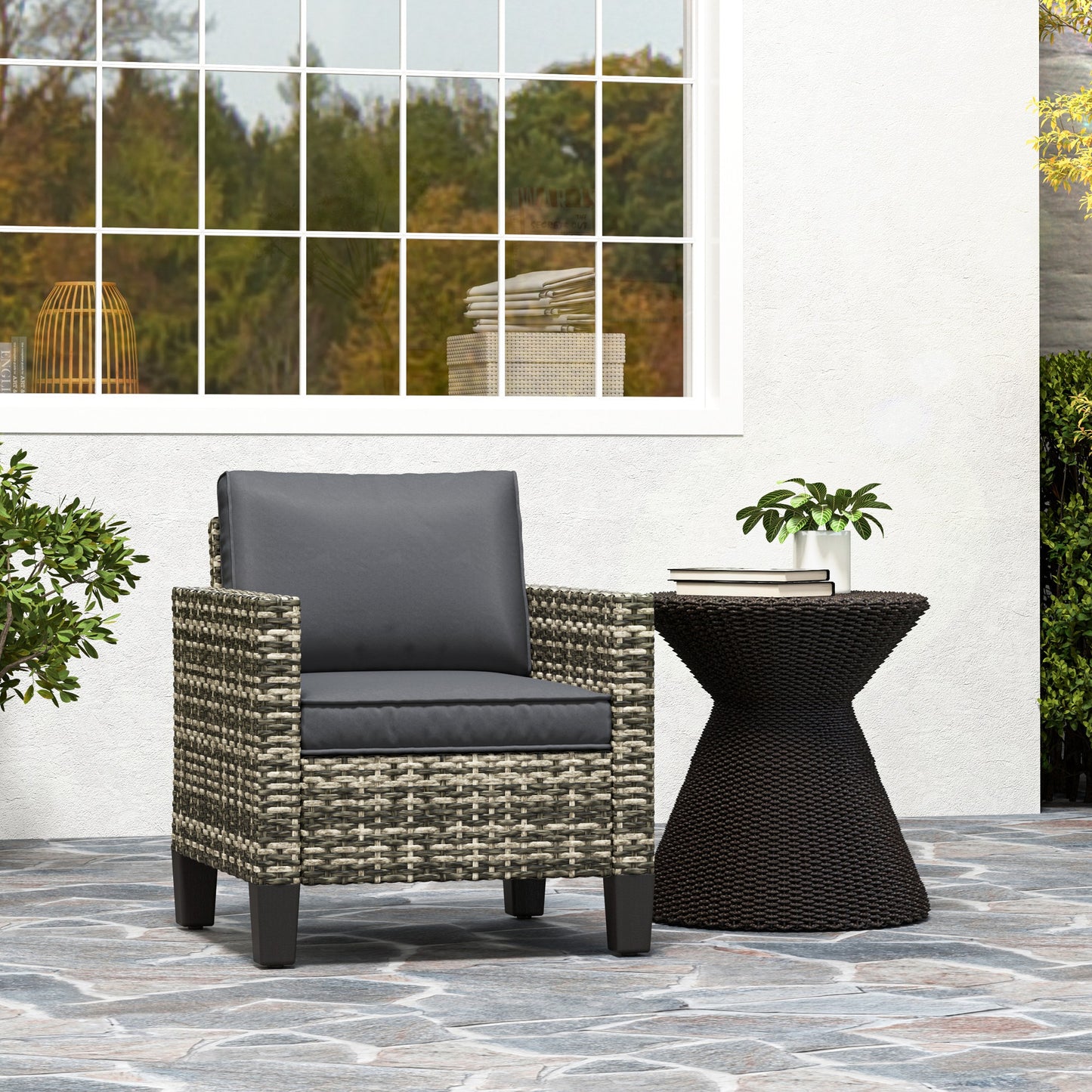 Outsunny Single Rattan Armchair, with Cushions - Light Grey