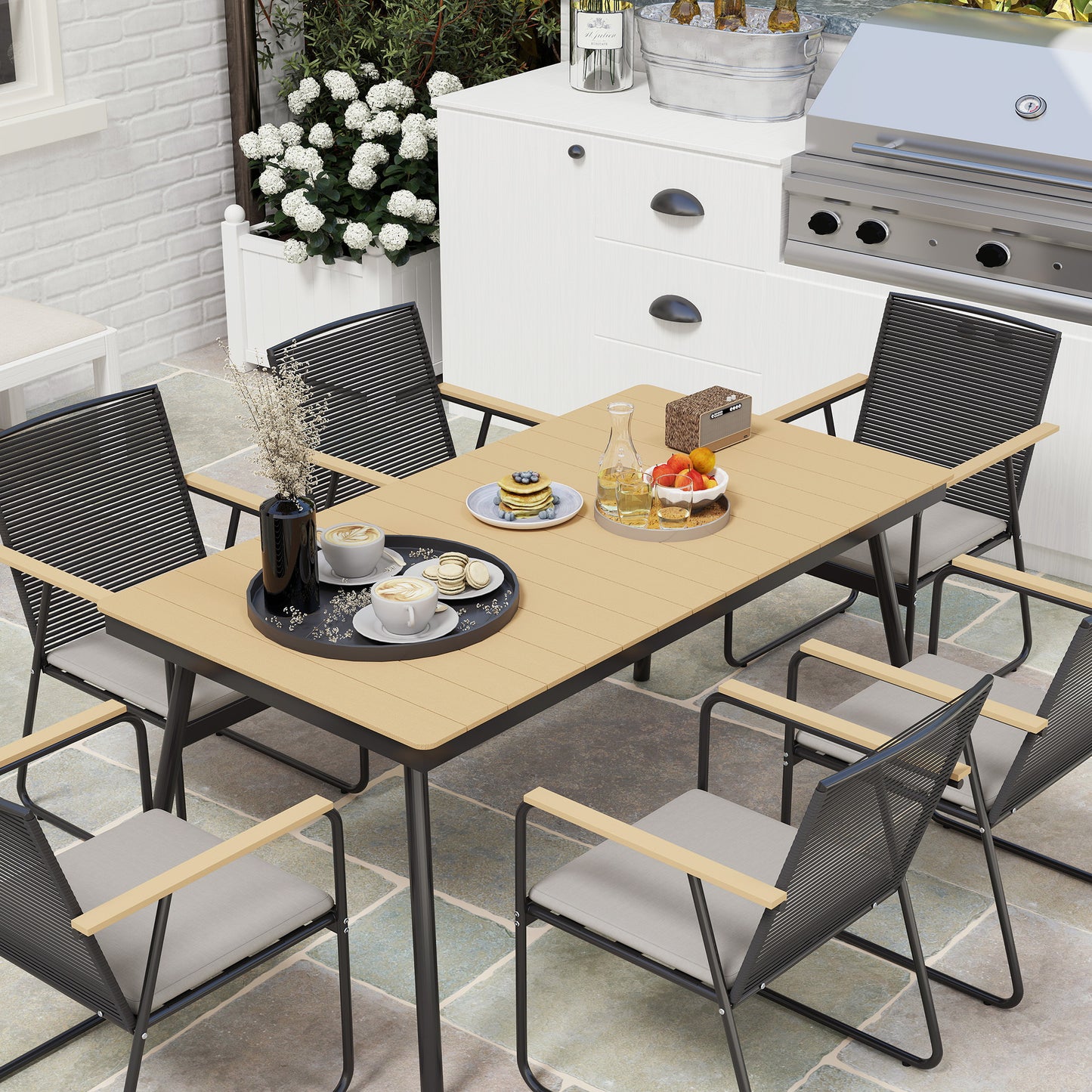 Outsunny 6 Seater Garden Dining Set, Rattan Backrest, Plastic Top, Soft Cushions, for Patio, Balcony, Poolside, Nature Wood Finish