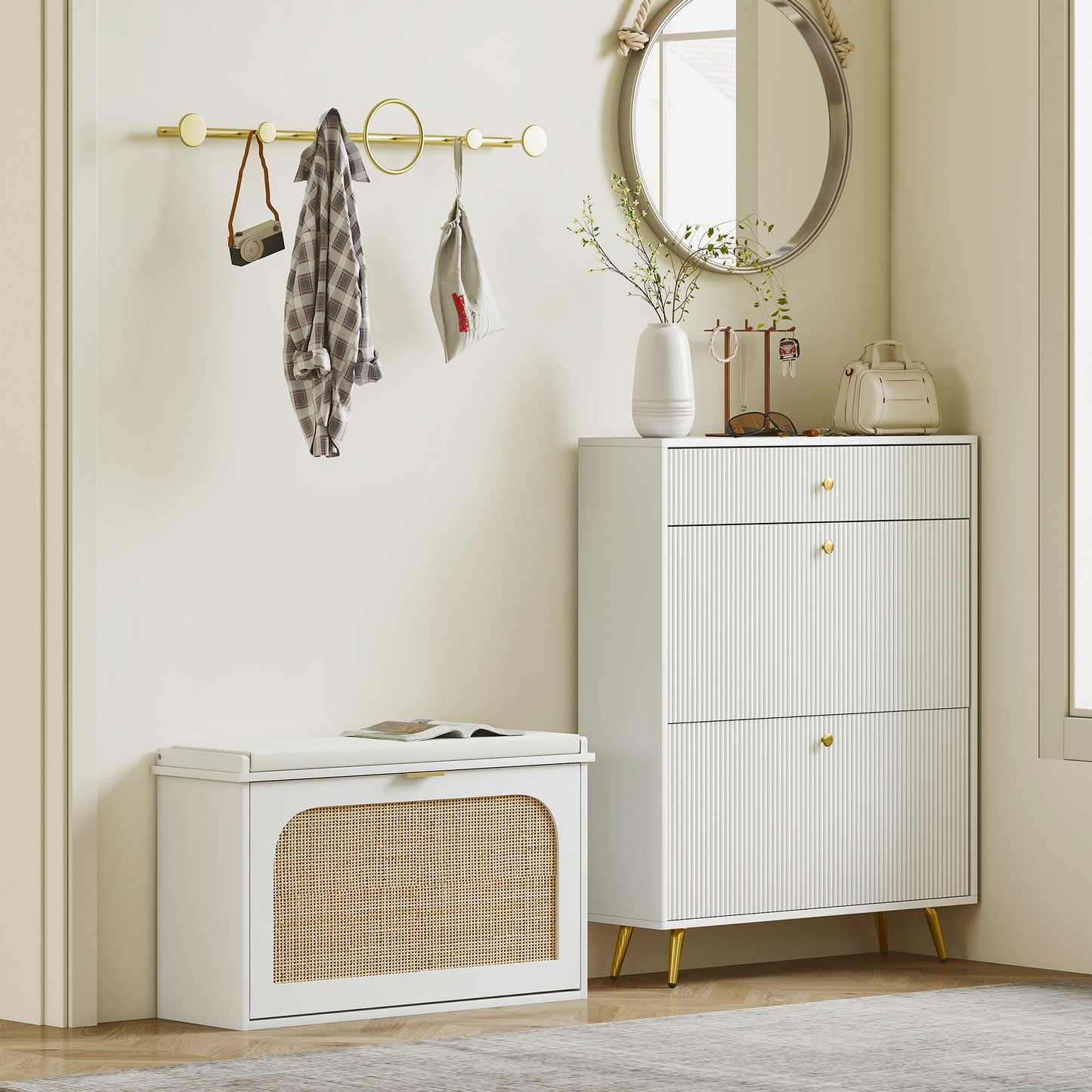 HOMCOM Boho Shoe Bench with Padded Seat and Flip-Drawer - White