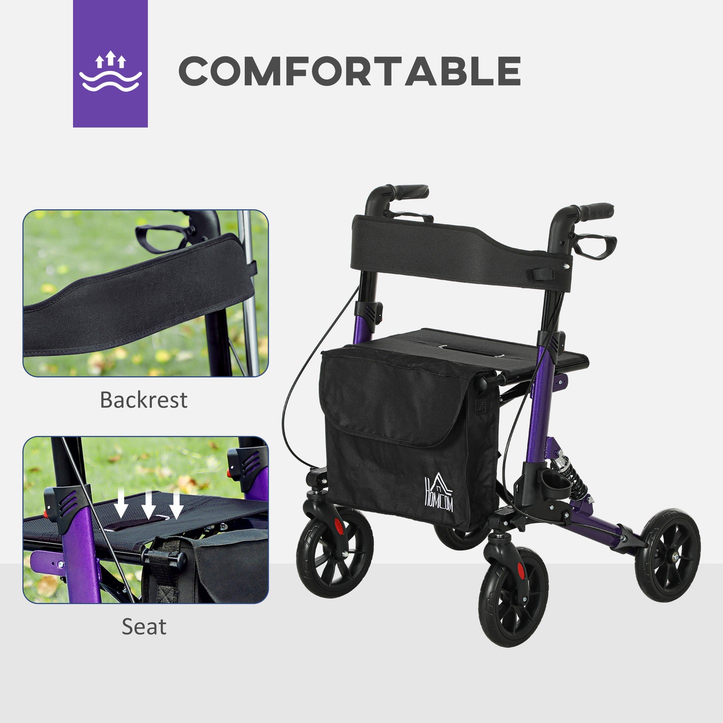 HOMCOM Rollator Walker with Seat, Suspension, Adjustable Handle, 4 Wheels, Purple