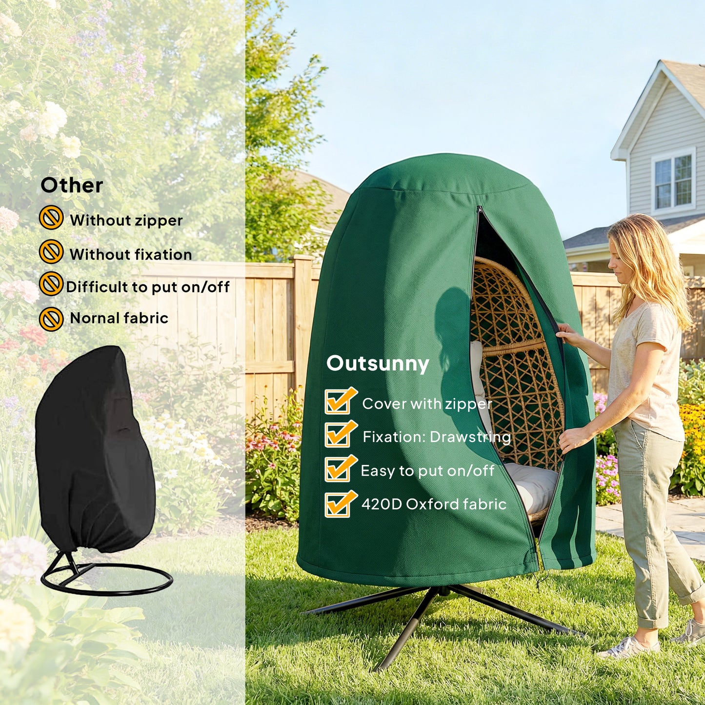 Outsunny 190 x Ø128cm Hanging Egg Chair Furniture Cover - Green