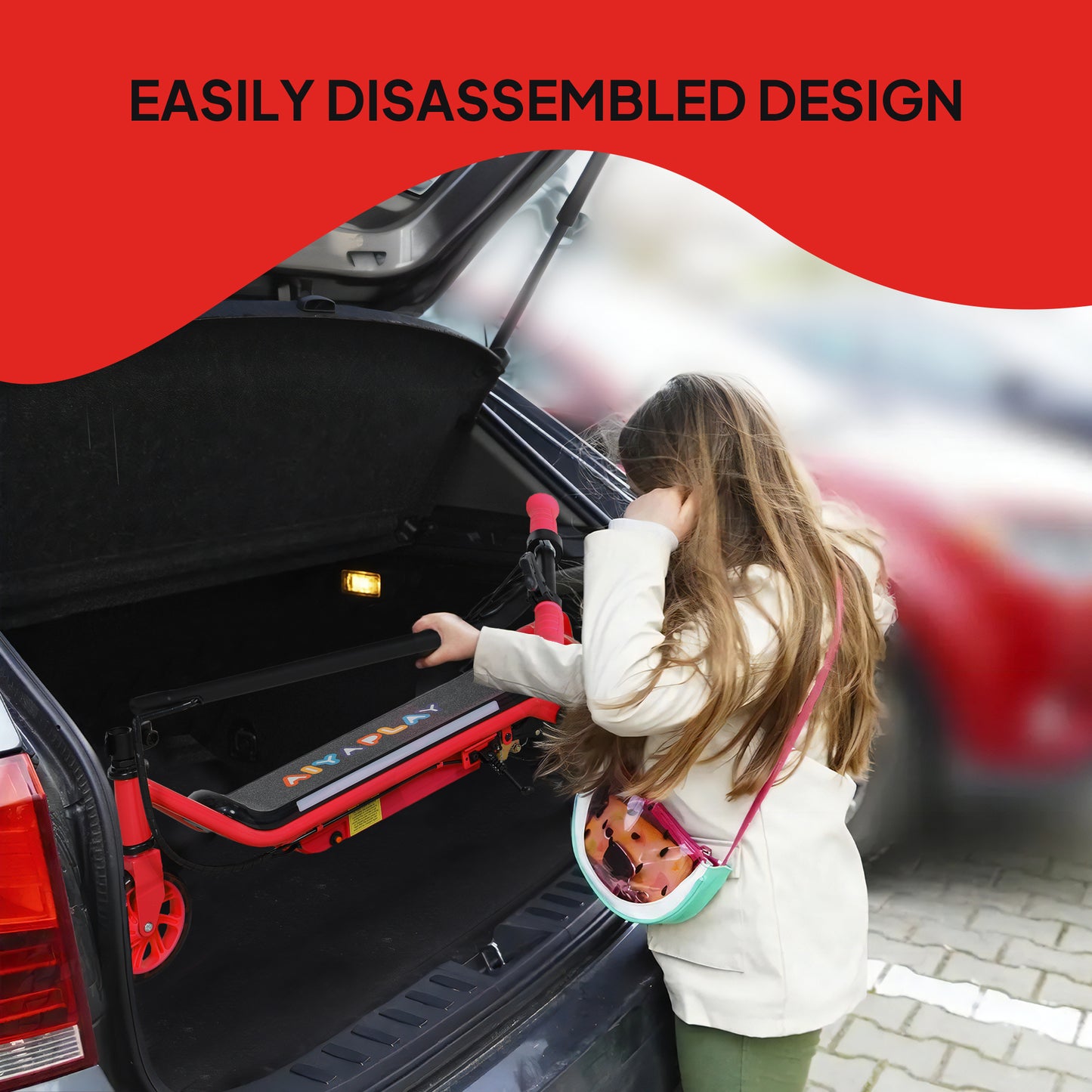 AIYAPLAY Kids Electric Scooter, Ages 6-14, Dual Brakes, Flash Wheel, Colorful Light, Up to 12 KM/H & 10 KM Range, Red