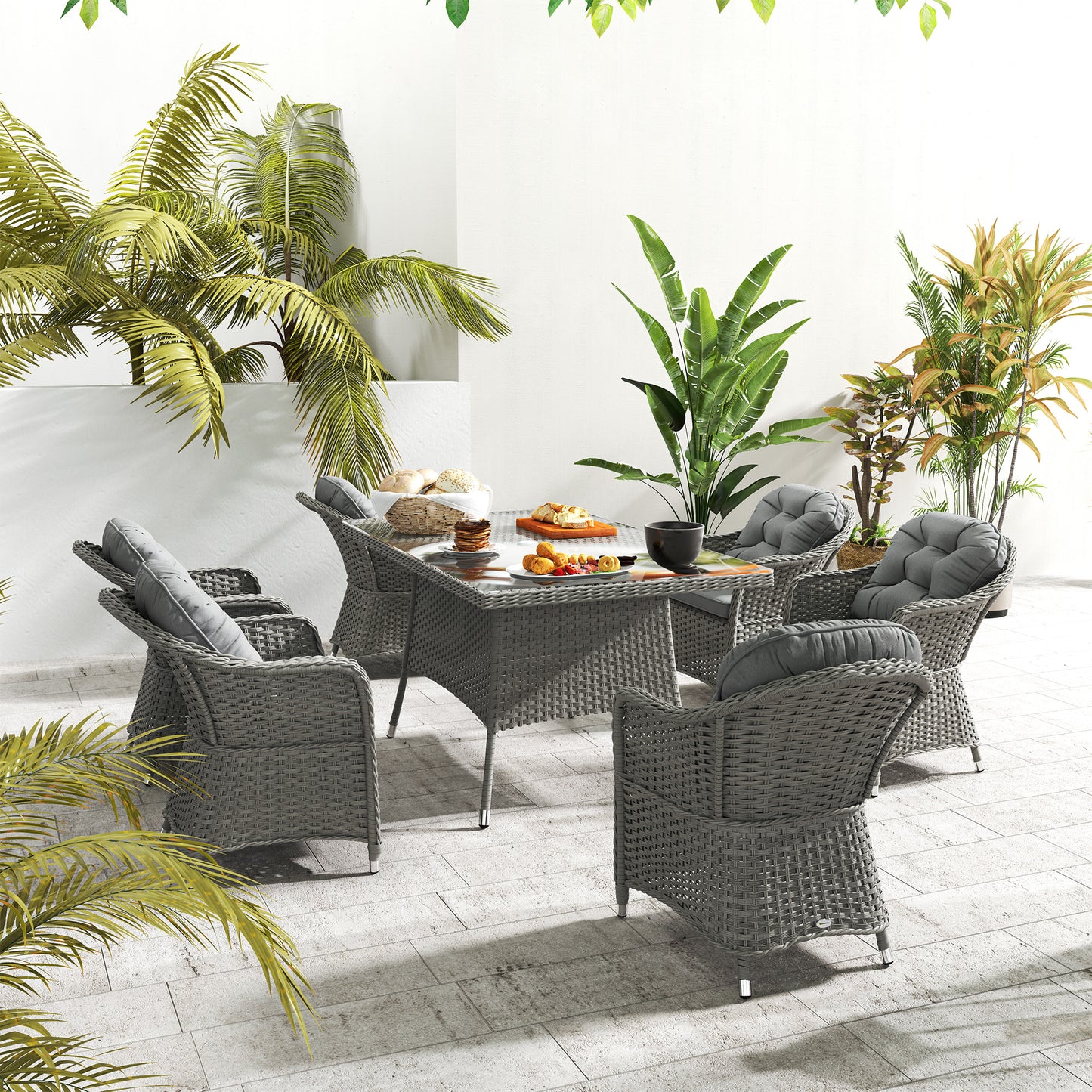 Outsunny 6 Seater Rattan Dining Set with Cushions, PE Rattan Garden Furniture, Rectangular Glass Table with Umbrella Hole, Light Grey