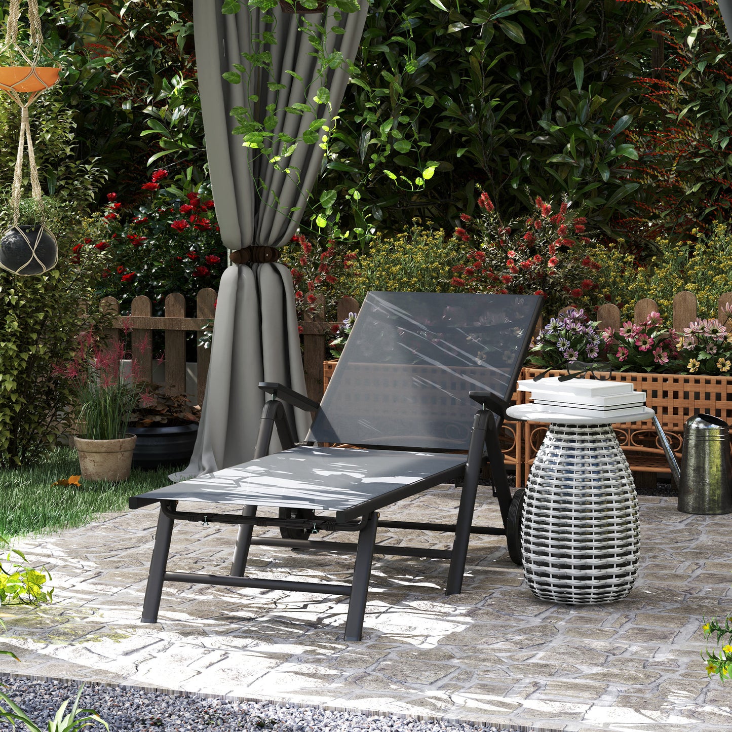 Outsunny Folding Sun Lounger with Wheels, 5-Position Adjustable Reclining Chair, Metal Frame, Armrests, Portable for Beach/Porch, Grey