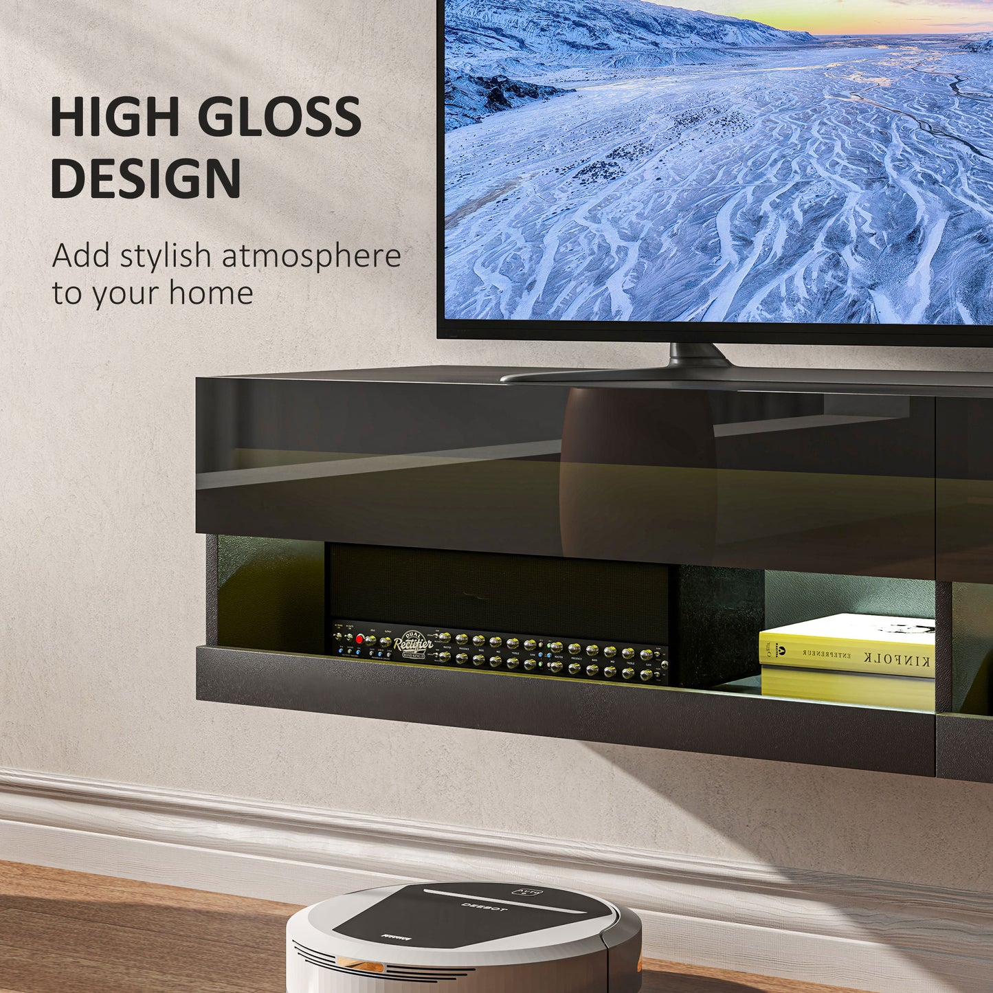 HOMCOM Floating TV Unit, Wall Mounted Cabinet with LED Lights, High Gloss Storage Shelves, Black