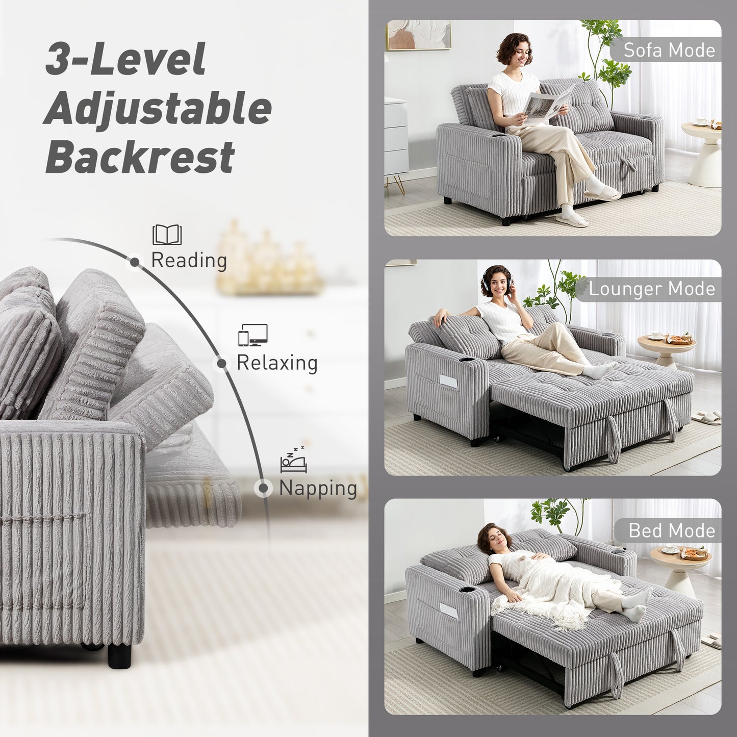 HOMCOM 2 Seater Click Clack Sofa Bed with Pull Out Design, Corduroy Upholstery - Light Grey