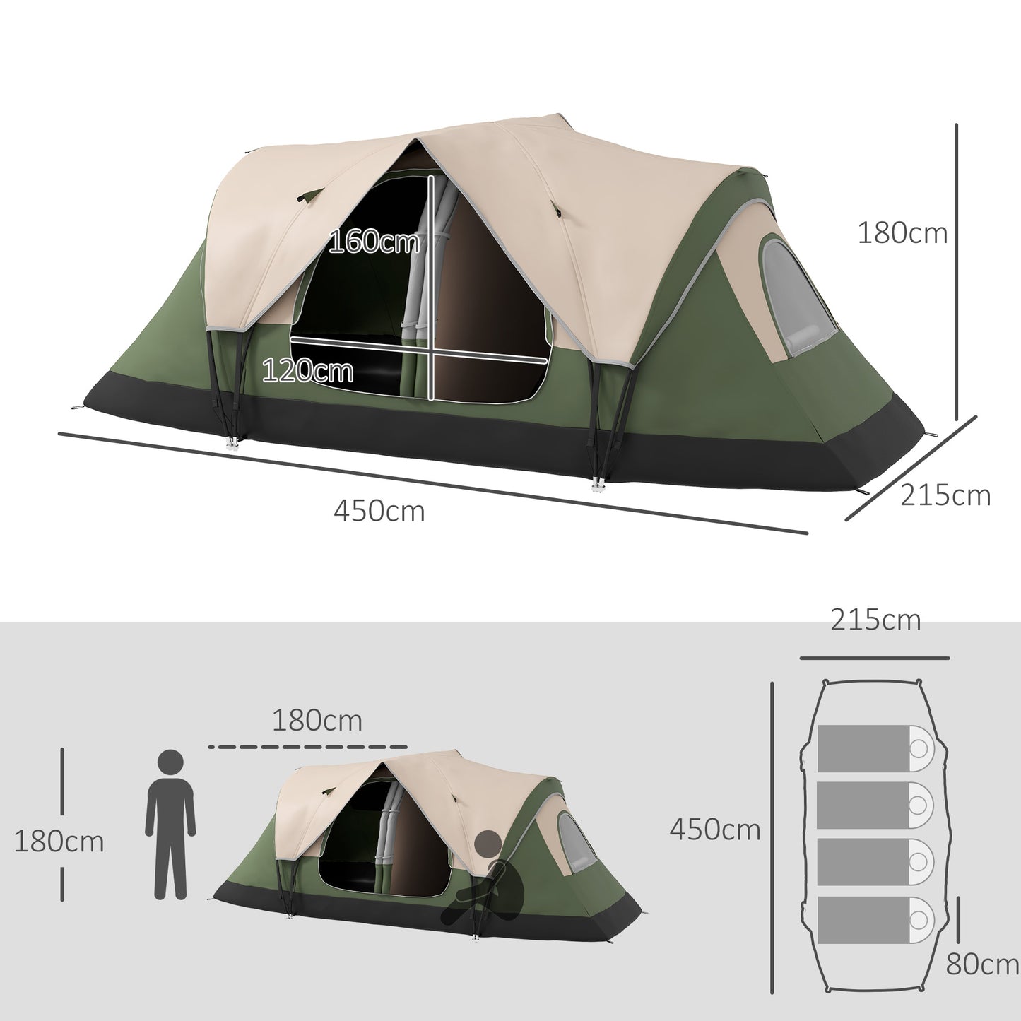 Outsunny Camping Tent for 6-8 Man with 2000mm Waterproof Rainfly and Carry Bag for Fishing Hiking Festival Dark Green