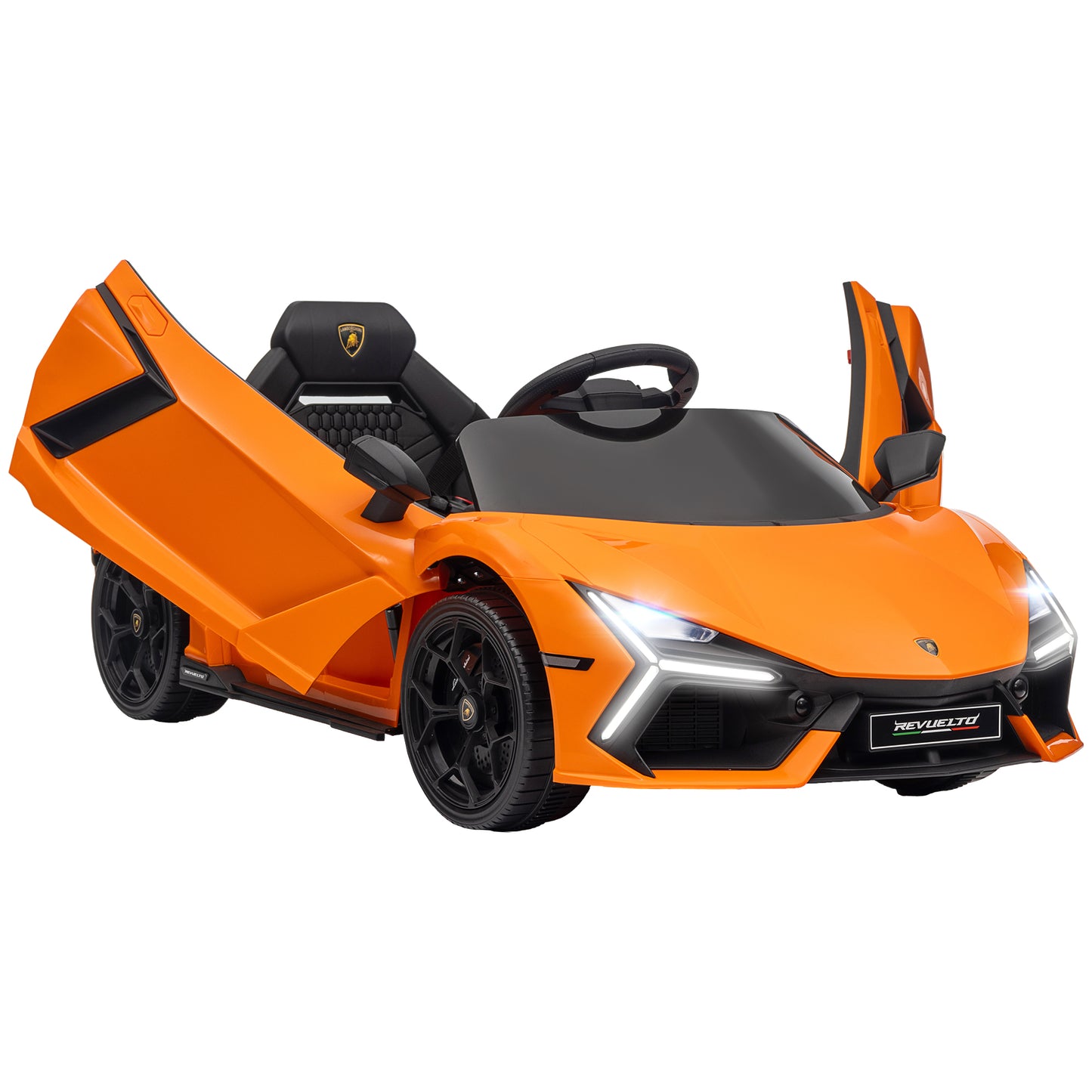 AIYAPLAY Lamborghini Revuelto Licensed 12V Ride on Car w/ Butterfly Doors Training Wheels, Suspension, Remote Control Orange