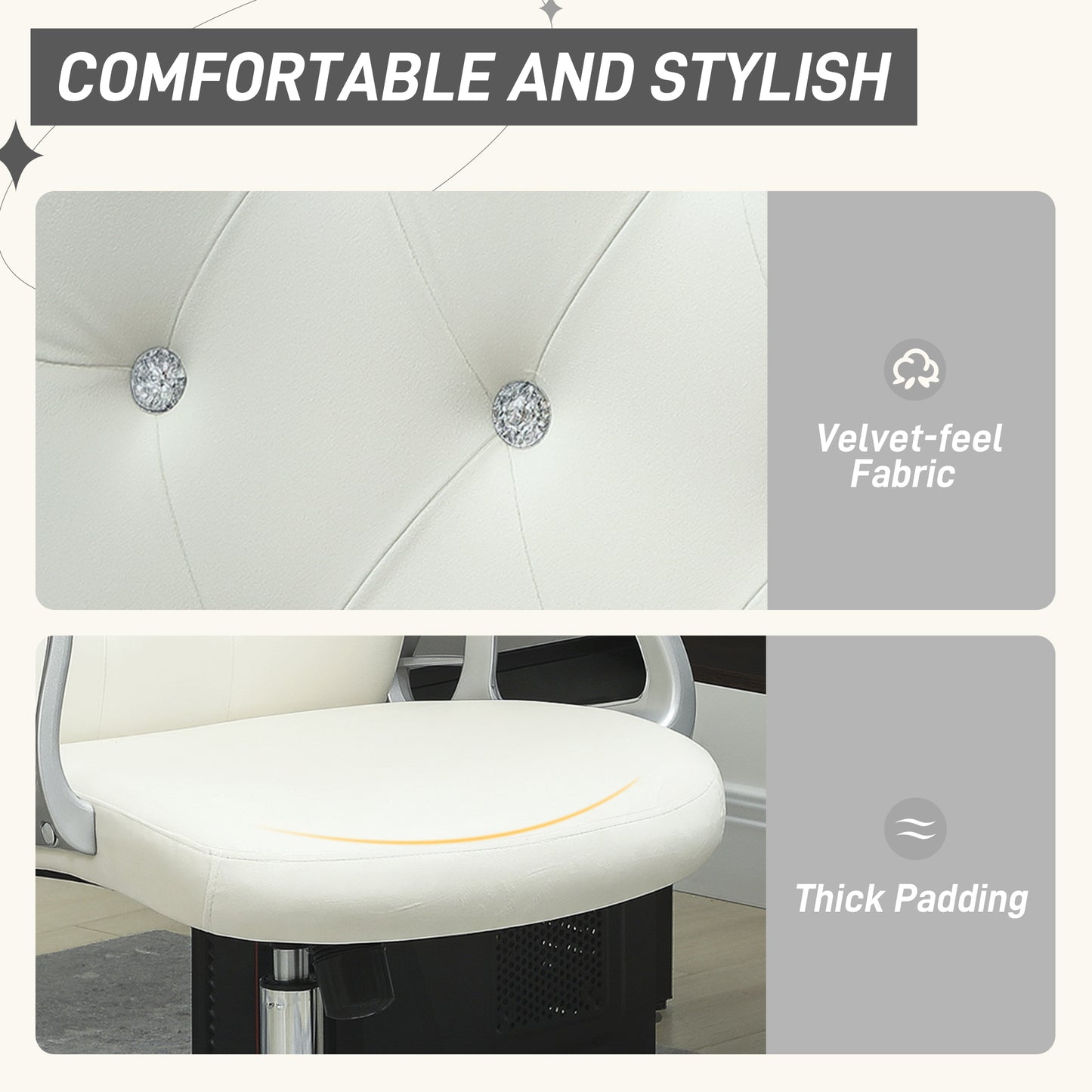 Vinsetto Velvet-Feel Work Chair, with Diamante Back - Cream