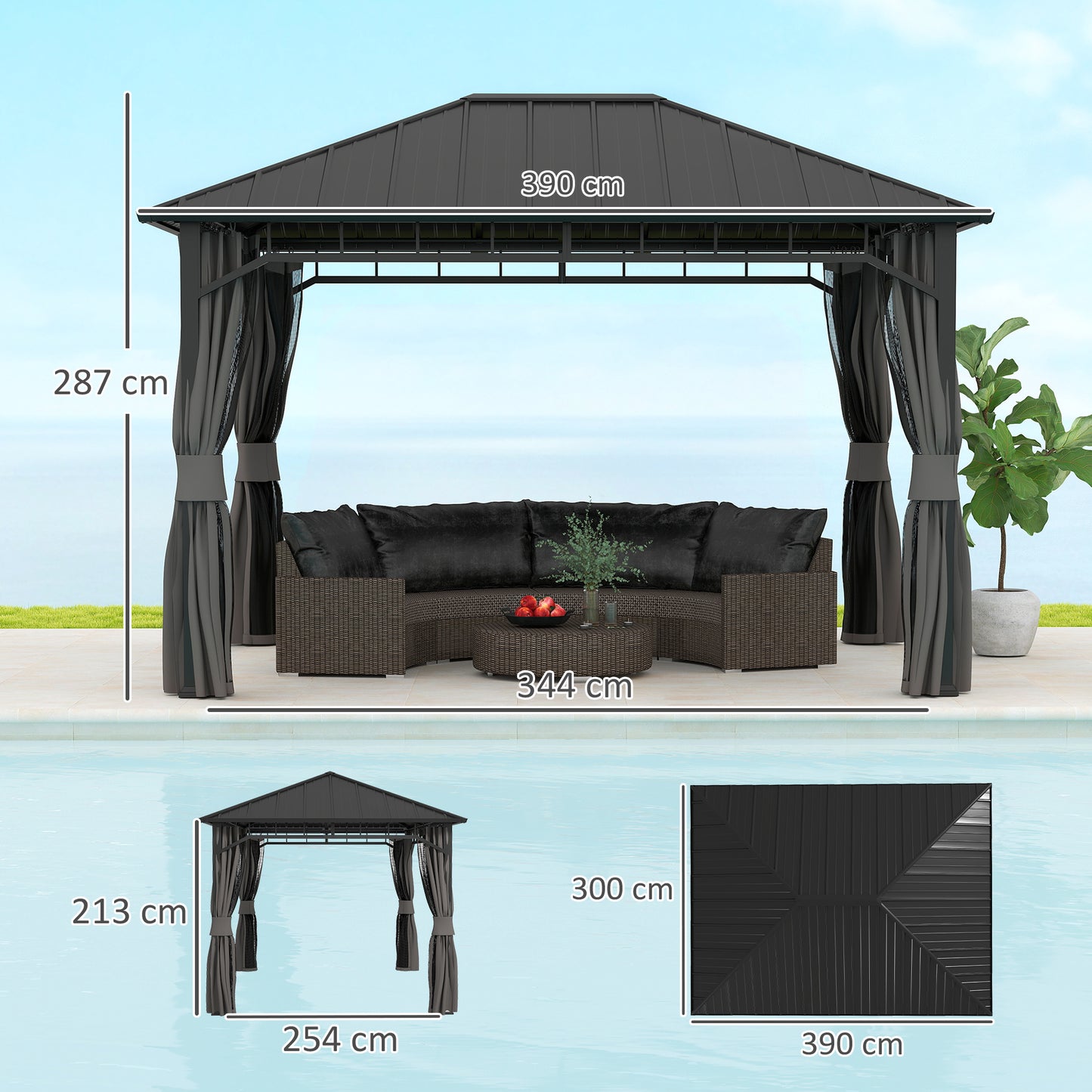 Outsunny 3 x 4m Hardtop Gazebo, Galvanised Steel Roof, Curtains, Netting, Waterproof Permanent Pavilion for Patio/Deck, with Water Gutter