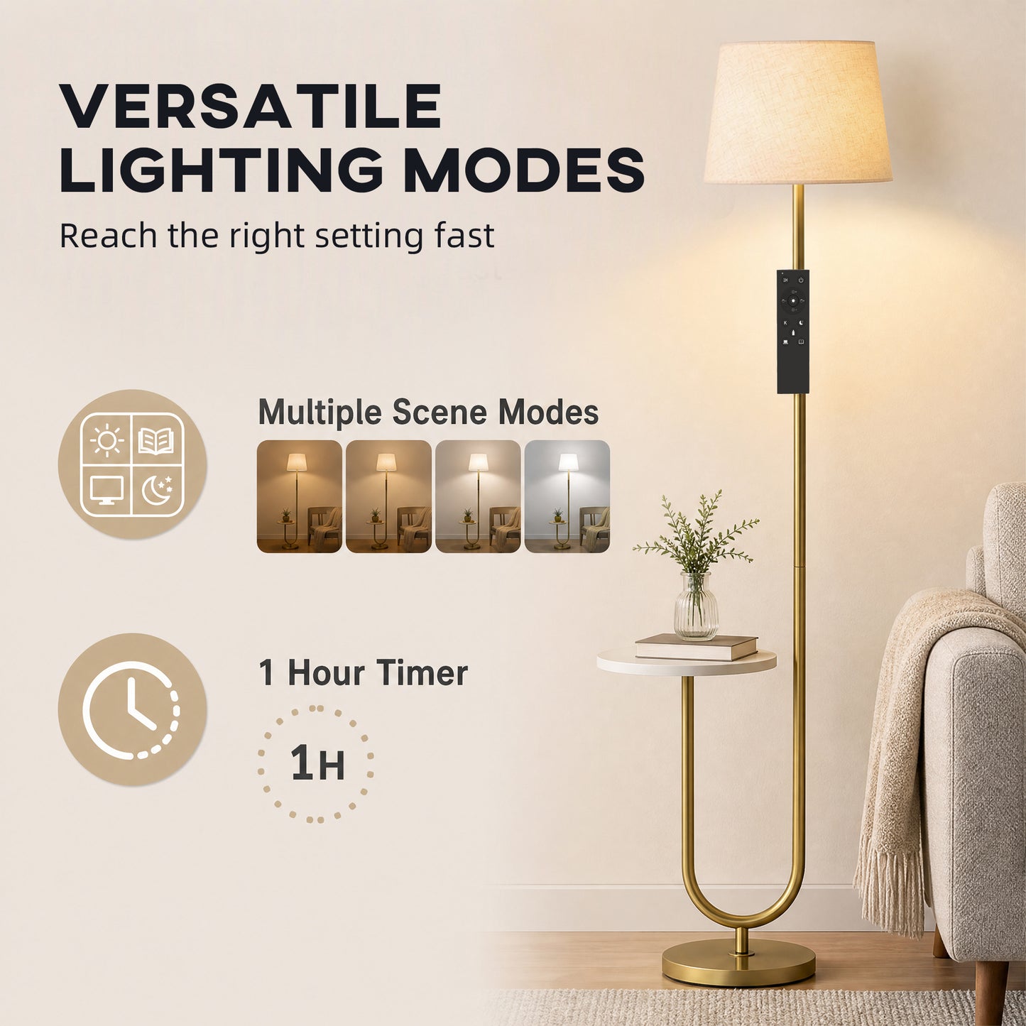 HOMCOM Modern Floor Lamp with Shelf, Dimmable Floor Lamp with Linen Shade, RF Remote and Foot Switch for Living Room, Gold Tone