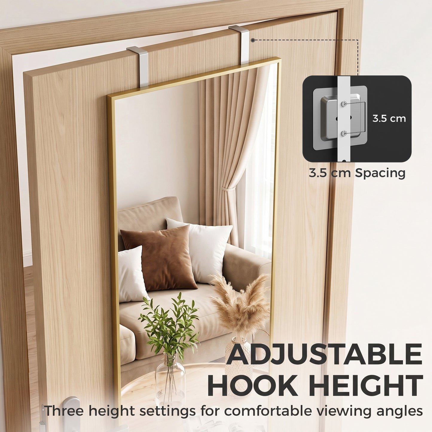 HOMCOM 40 x 110 cm Full Length Wall Mirror, Rectangular Mirror with Adjustable Hooks, Over the Door or Wall Mounted, Gold Tone