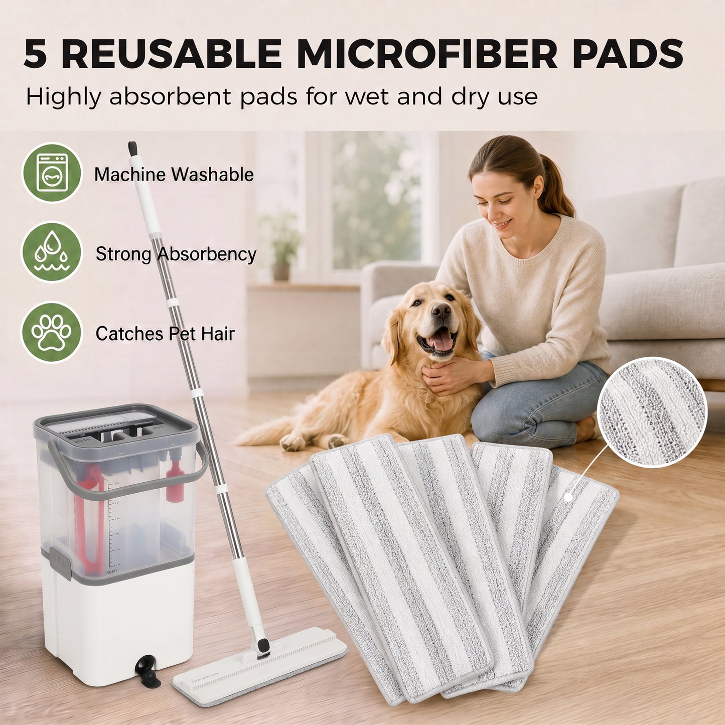 HOMCOM Mop and Bucket Set, Compact Flat Mop and Bucket with Wringer, 2-Chamber Design, 5 Reusable Microfiber Pads, White