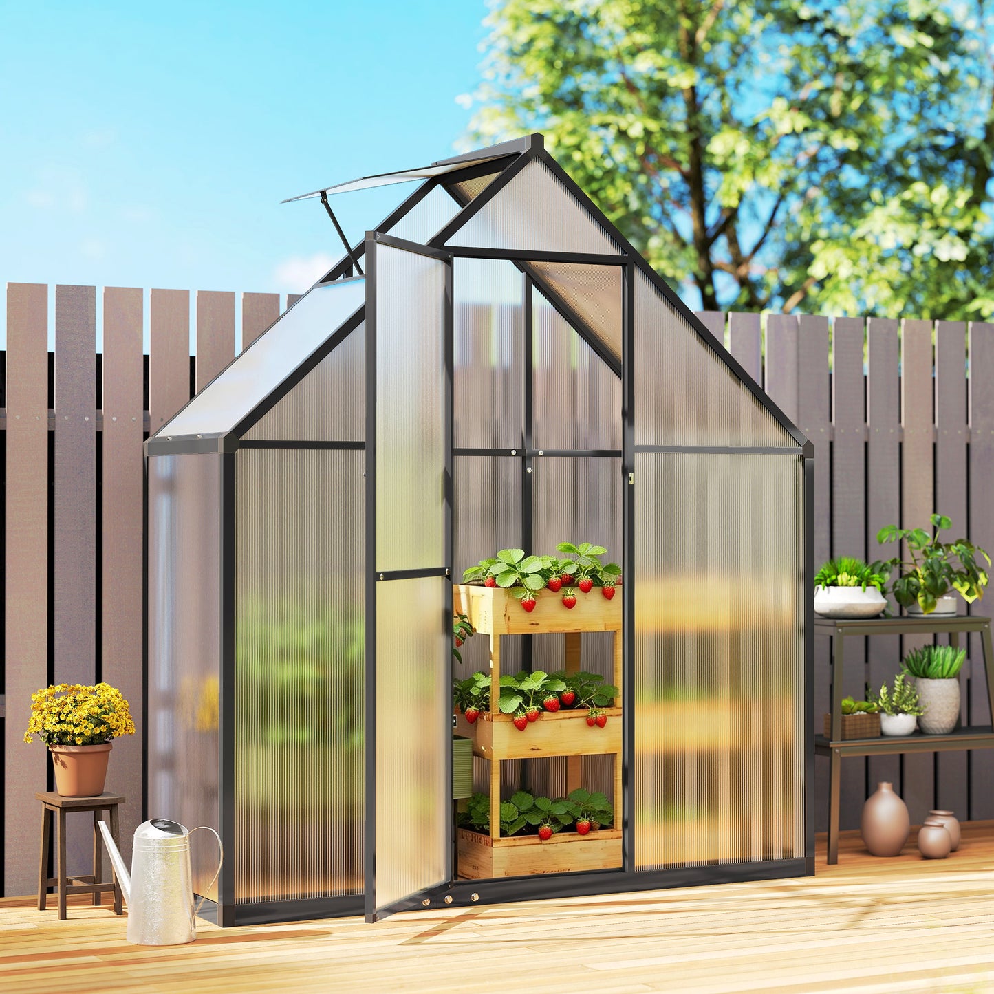 Outsunny Polycarbonate Greenhouse with Swing Door and Adjustable Window, Walk-in Greenhouse, 5.5 x 6.5ft, Black