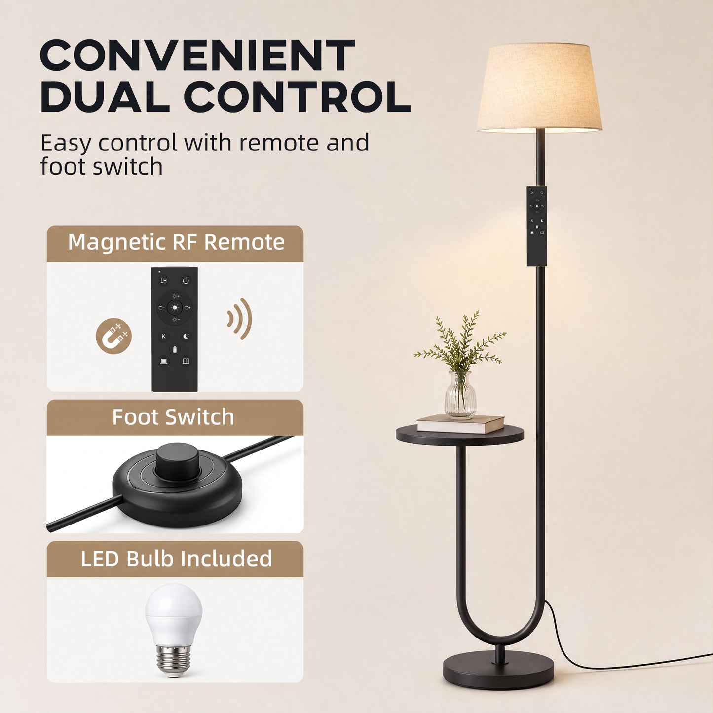 HOMCOM Modern Floor Lamp with Shelf, Dimmable Floor Lamp with Linen Shade, RF Remote and Foot Switch for Living Room, Black