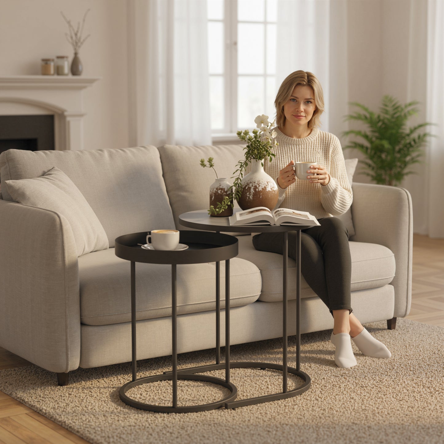 HOMCOM Round Nesting Side Table Set of 2 - Grey