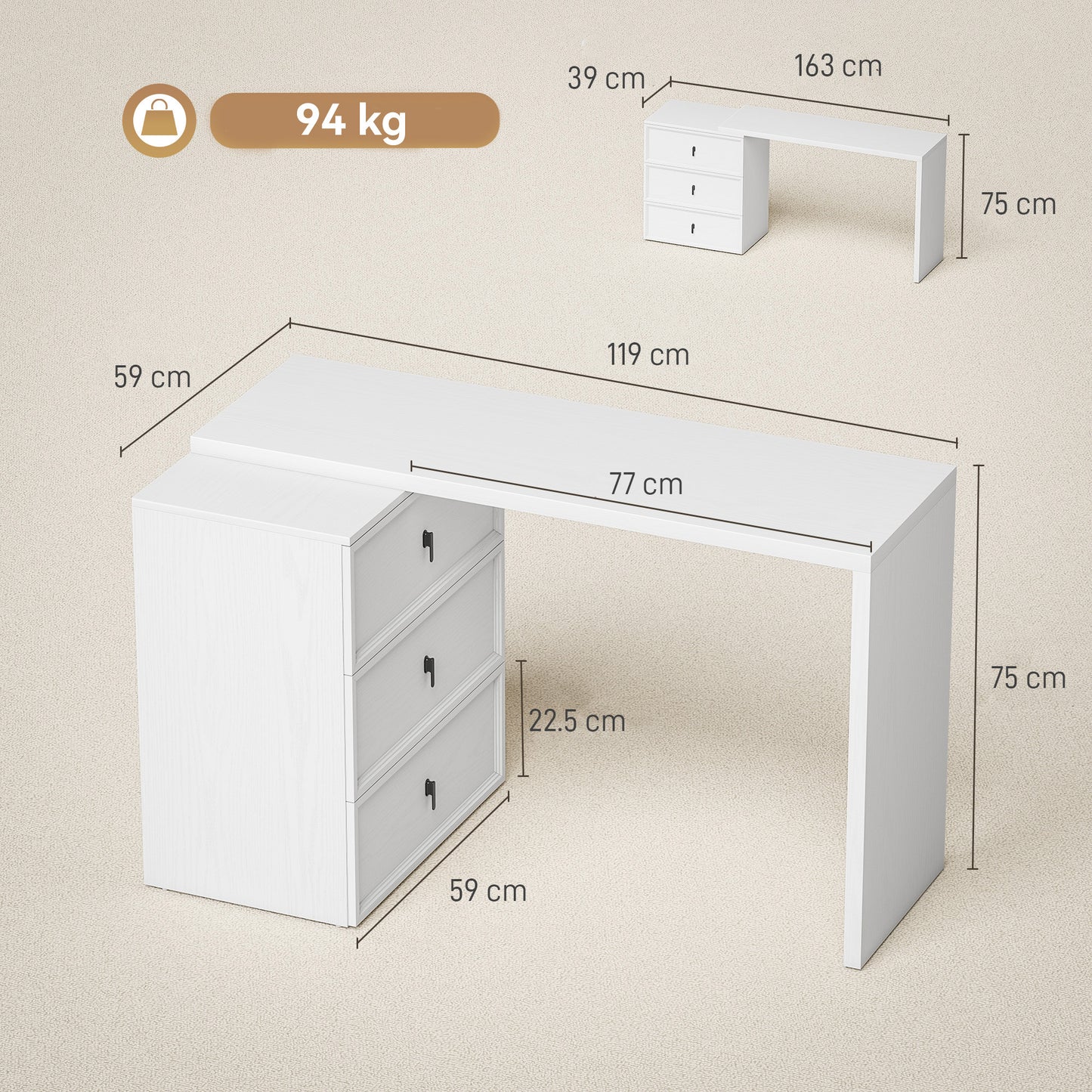 HOMCOM L Shaped Computer Desk with 3 Drawers, 163 x 39 cm Corner Desk, Thick Tabletop, Office Table, White Wood Effect