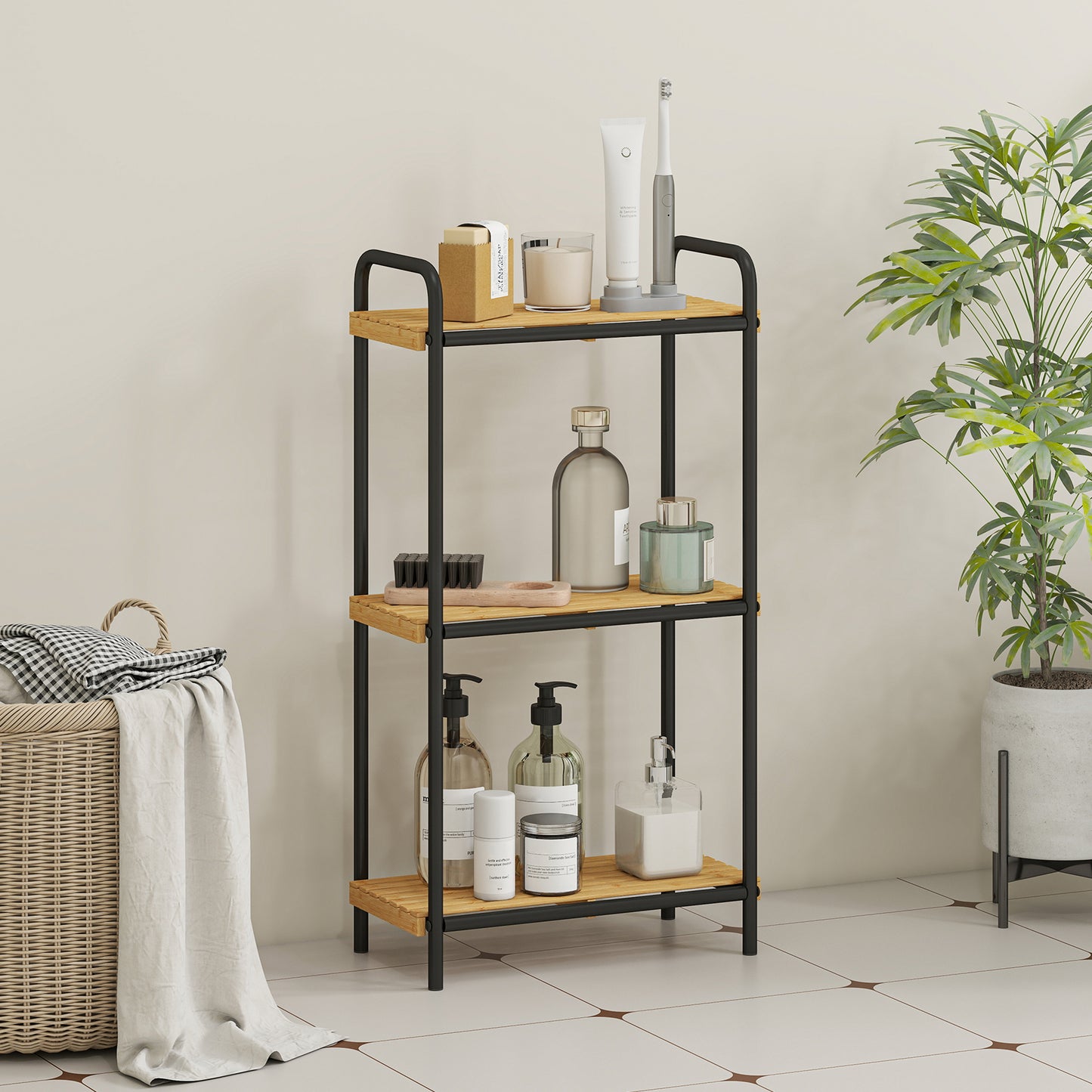 HOMCOM 3-Tier Bamboo Storage Shelf, Freestanding Narrow Unit with Slatted Shelves, 41.5x21.5x77.5 cm, Natural and Black