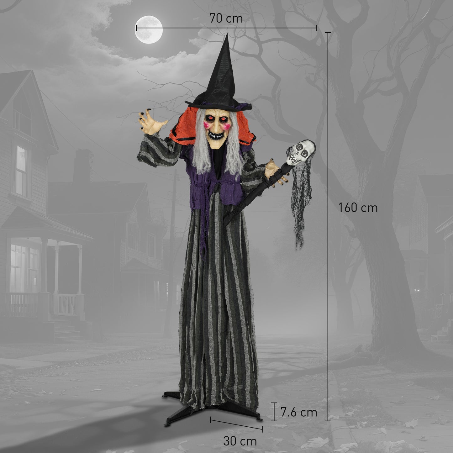 Outsunny Halloween Animated Witch with Skull Staff & Glowing LED Eyes, Battery Operated Indoor Party Prop, 160 cm, Spooky Decor, Black