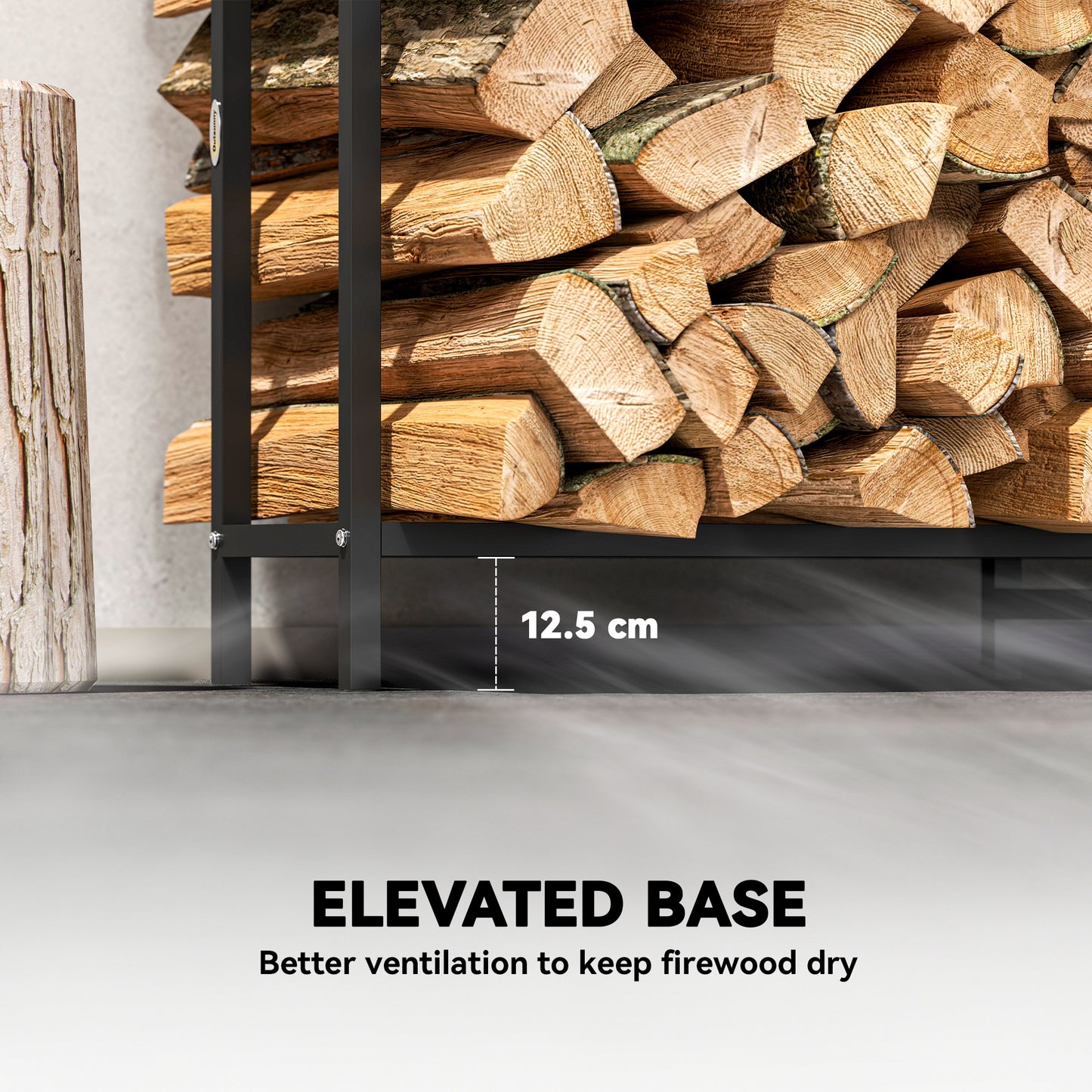 Outsunny Steel Firewood Log Rack, 300kg Capacity, Indoor/Outdoor Wood Storage Shelf, Log Holder with Extra Support Legs, Bonfire Pattern, Black