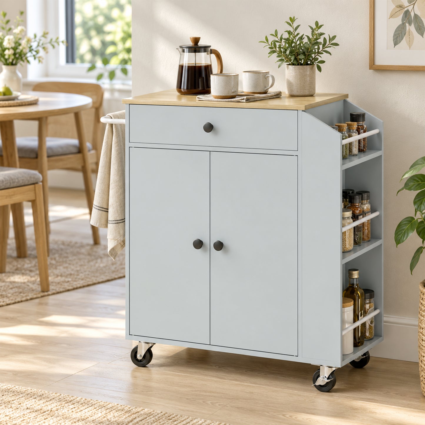 HOMCOM Rolling Kitchen Island with 3-Tier Spice Rack, Kitchen Storage Cart with Drawer and Towel Rack, Light Blue