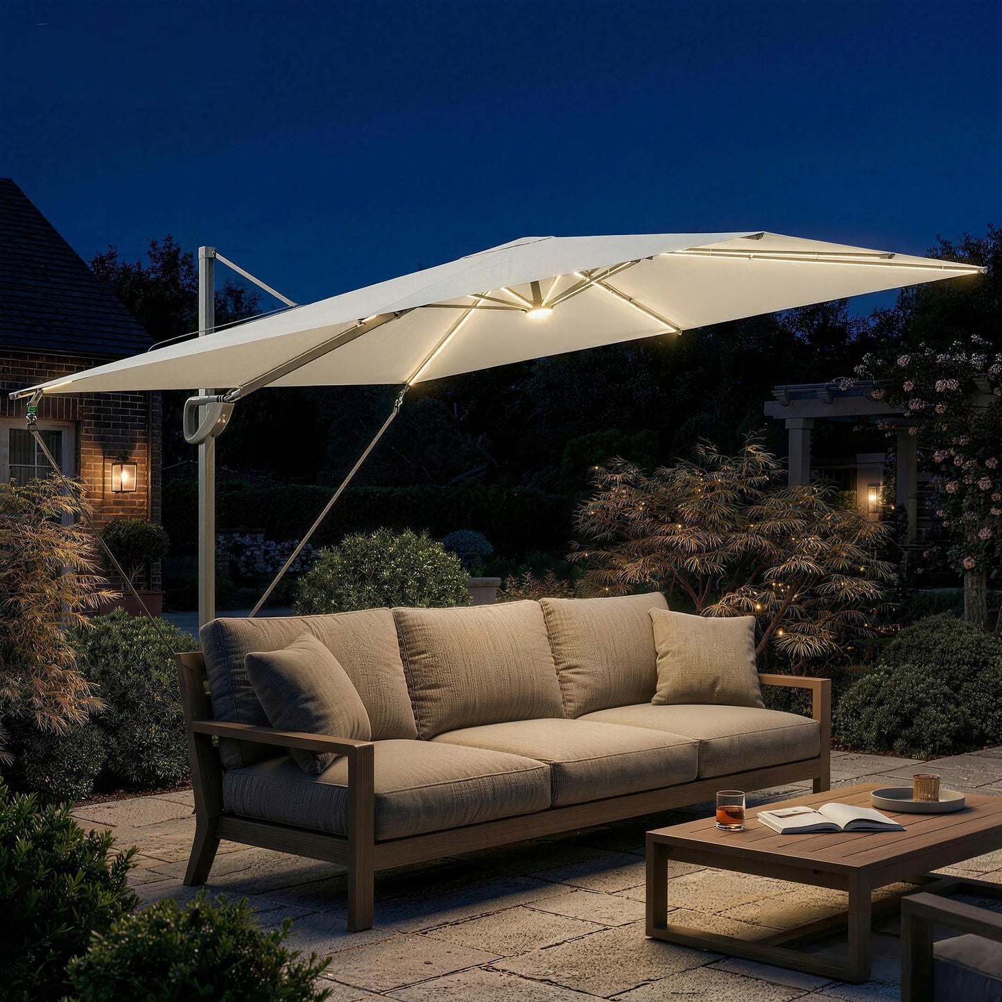 Outsunny 3 x 3 m Garden Cantilever Parasol w/ Light, Cover, UPF50+ Patio Umbrella w/ Wind Protection, 360° Rotation, Cream White