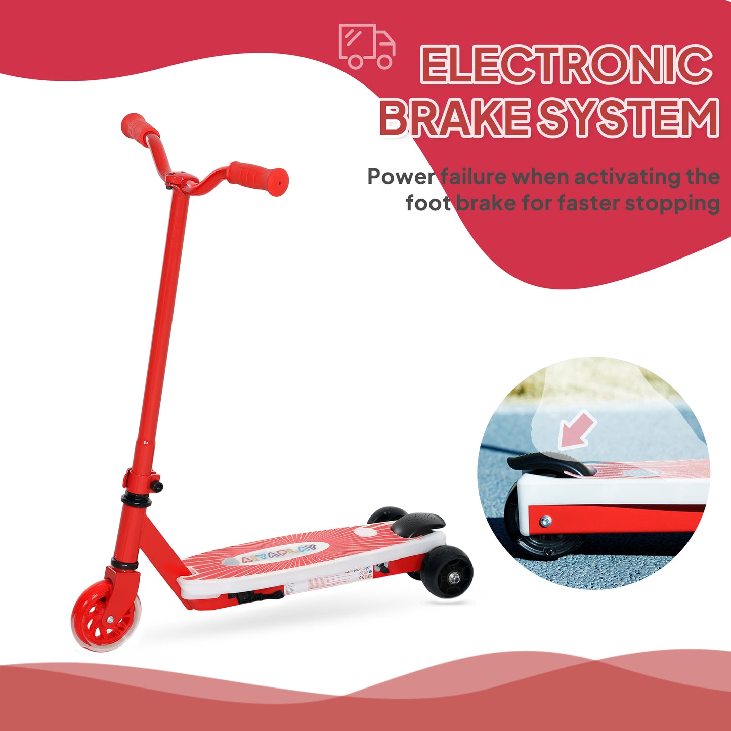 AIYAPLAY Electric Scooter for Kids Ages 4-7, Aux Rear Wheels, LED Light, Electric Brake, 6 KM/H & 8 KM, Red
