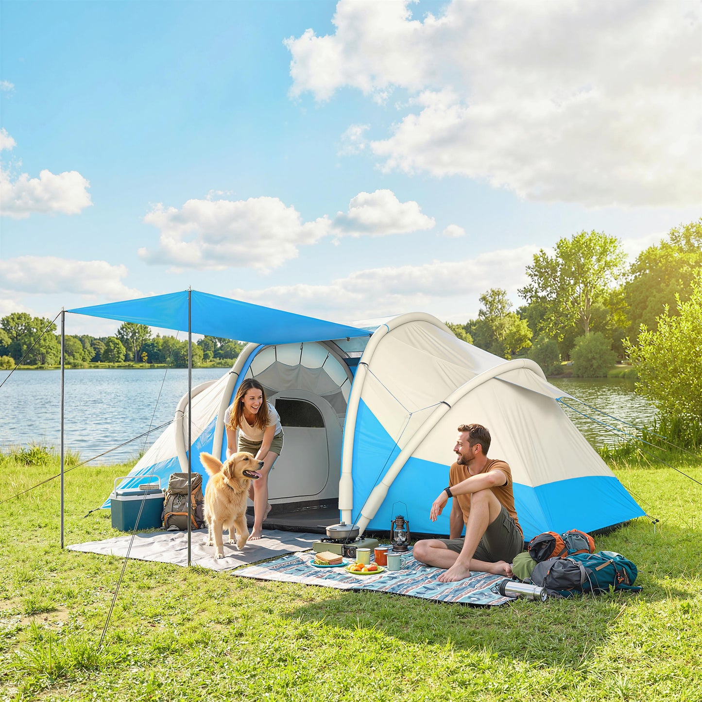 Outsunny Inflatable Tent 2 Bedroom 3000mm Waterproof Windproof Air Tent with Carry Bag for 4 Person