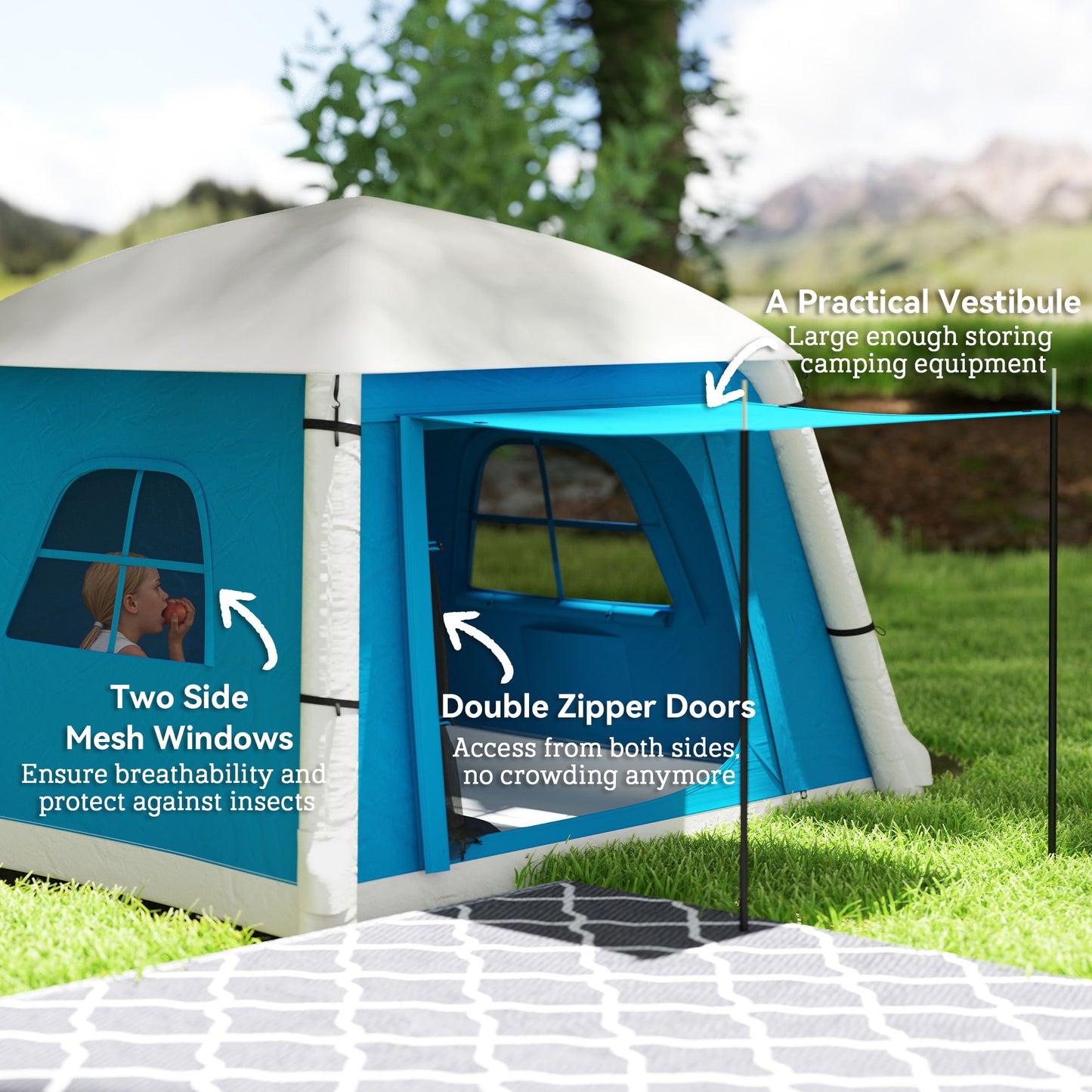Outsunny Inflatable Camping Tent with Hand Pump, Easy Setup for 1/2 Person, Waterproof and Windproof with Carry Bag, Light Blue/Grey