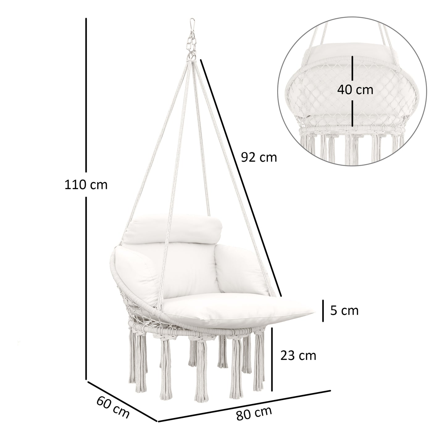 Outsunny Hanging Chair Outdoor Hammock with Cushion, Cotton Rope Boho Style Swing Seat for Indoor/Outdoor, Cream White