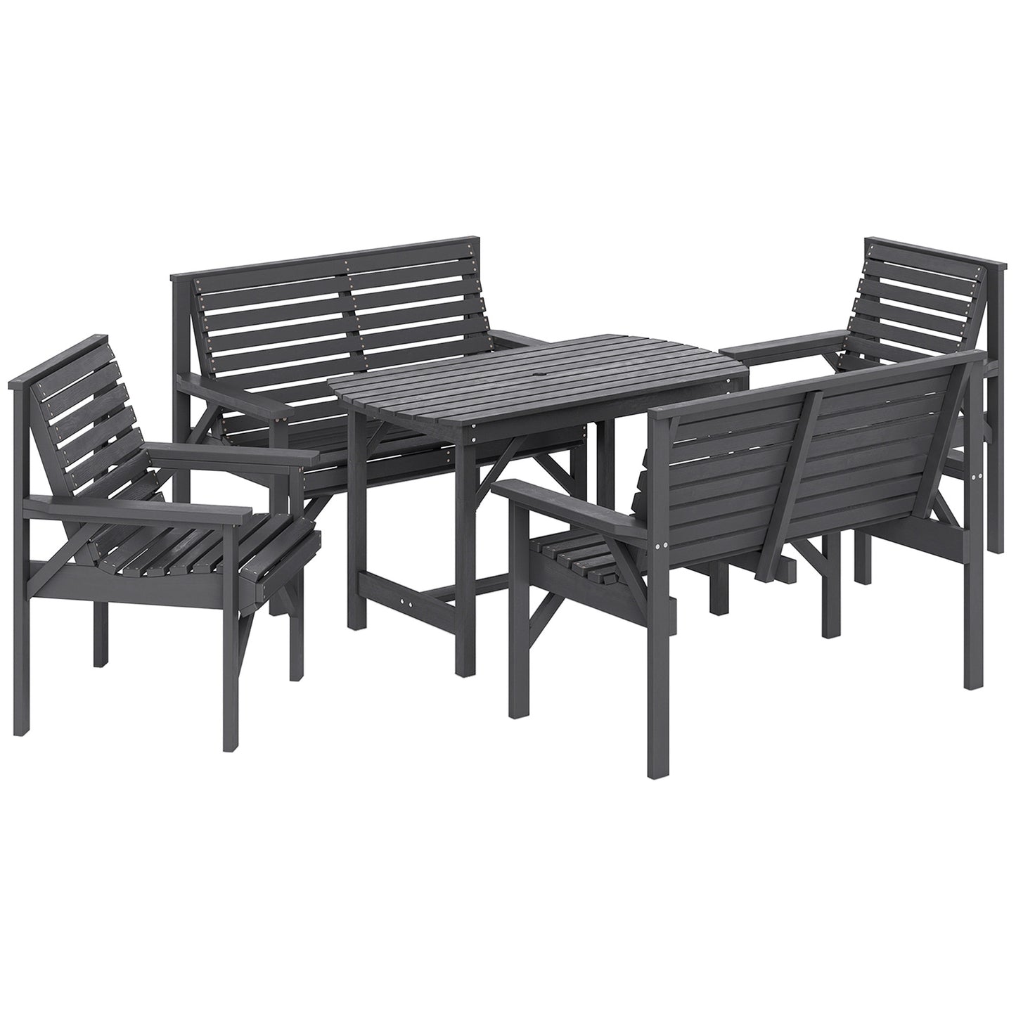 Outsunny 5-Piece Wooden Garden Dining Set for 6, 2 Armchairs, 2 Loveseats, Dining Table with Umbrella Hole, Patio/ Balcony, Grey